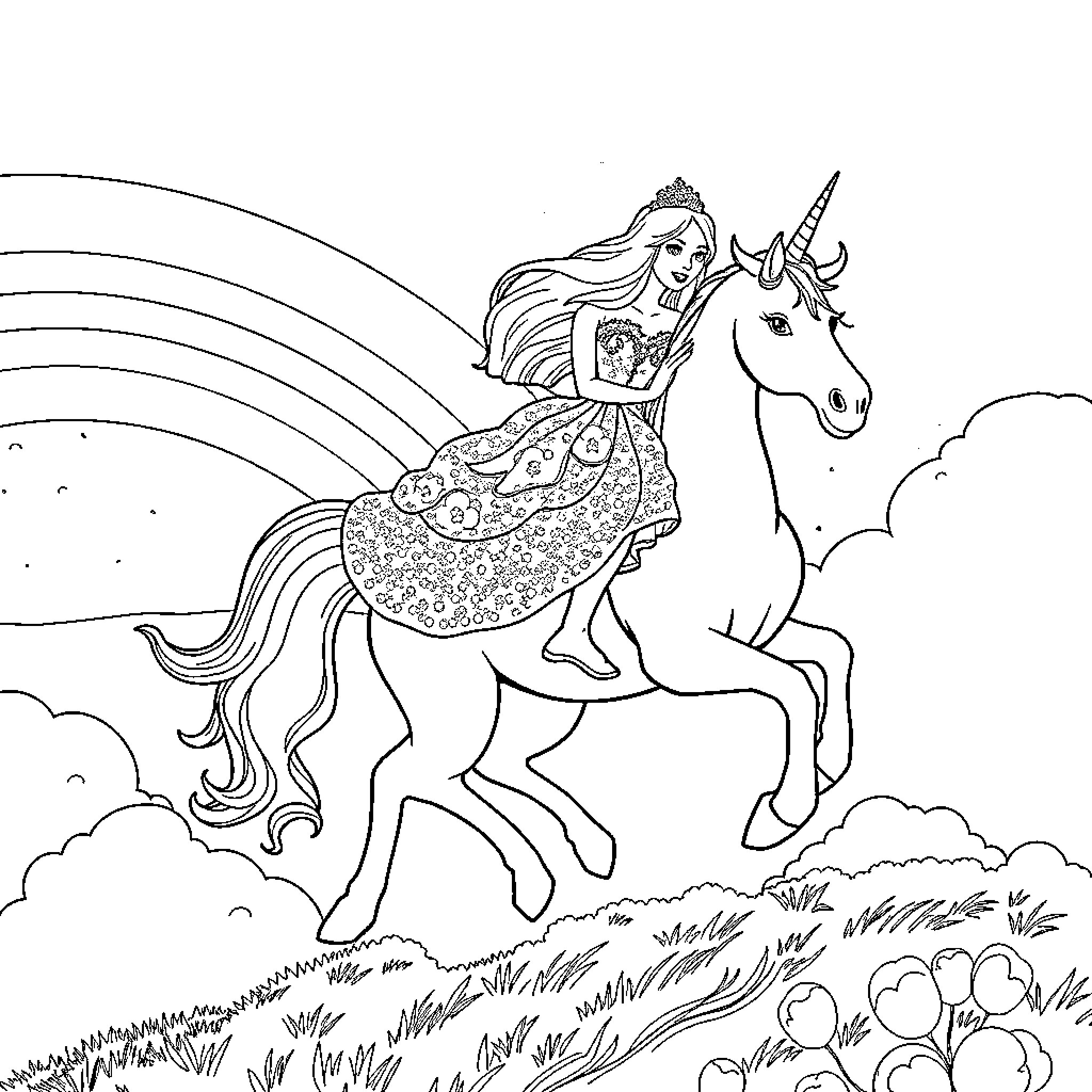 Princess Riding Unicorn in Magical Landscape Coloring Page (free black-and-white line drawing printable PDF for all, from beginners to advanced learners, including children, teens, adults, and seniors)