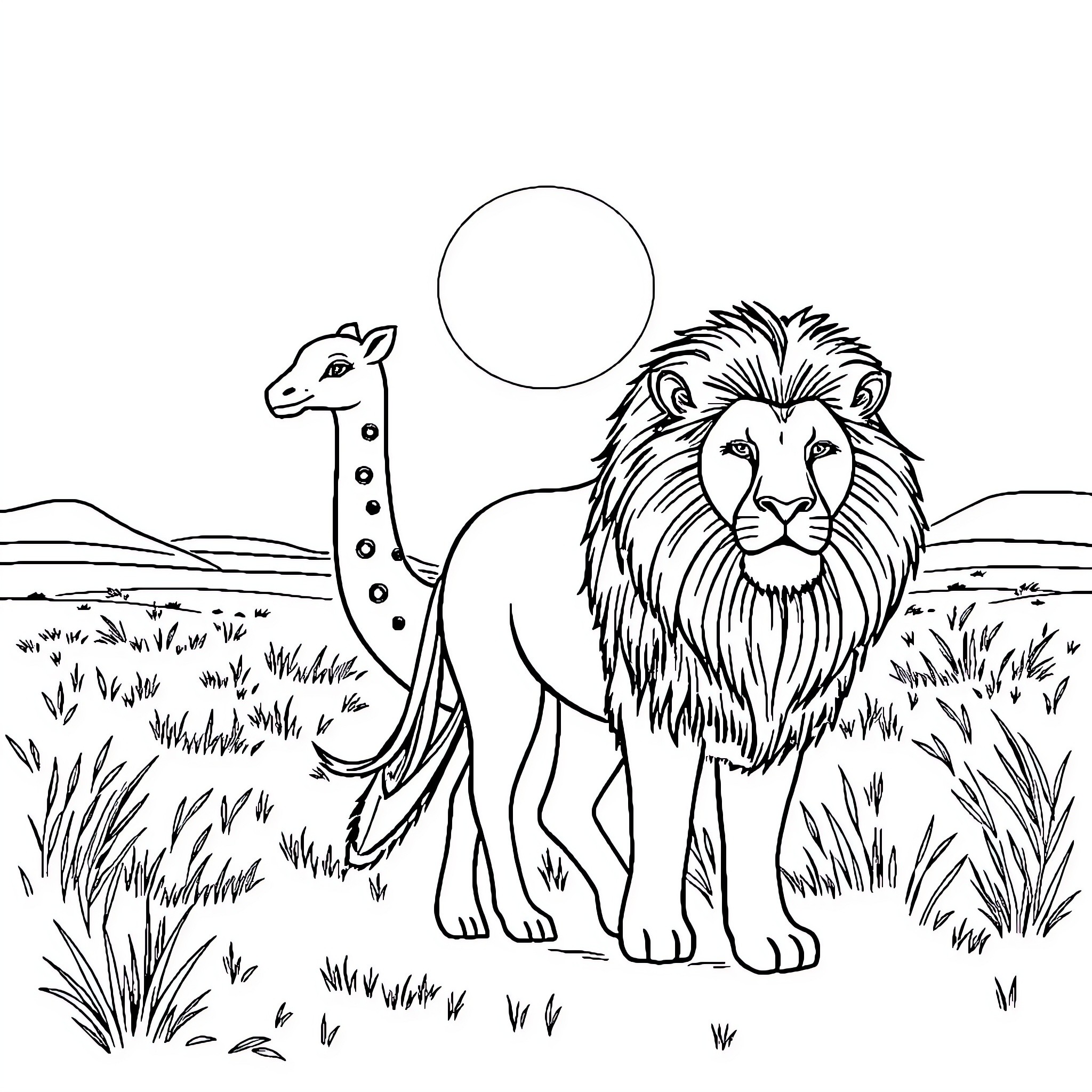 Giraffe and Lion in the Wild Coloring Page (free black-and-white line drawing printable PDF for all, from beginners to advanced learners, including children, teens, adults, and seniors)