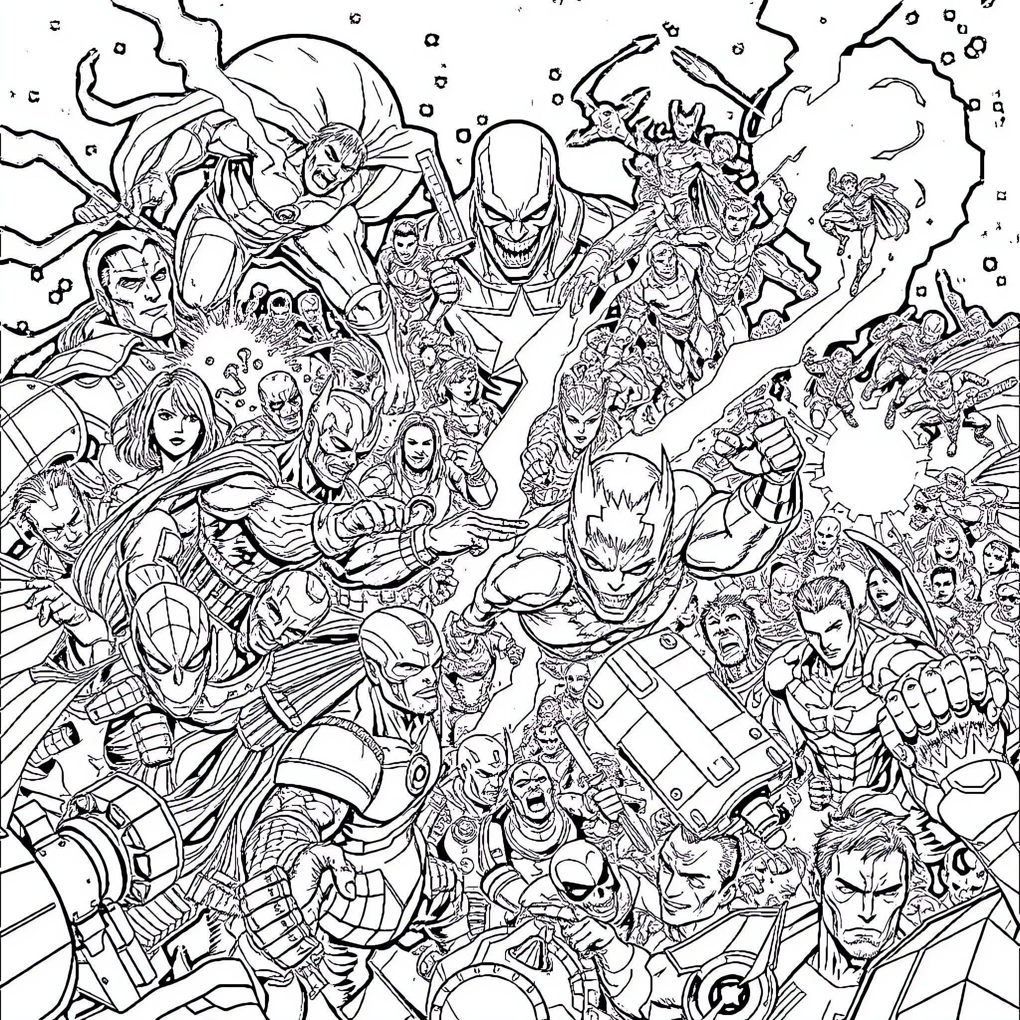 Marvel's Superheroes in Action-Packed Chaos Coloring Page (free black-and-white line drawing printable PDF for all, from beginners to advanced learners, including children, teens, adults, and seniors)