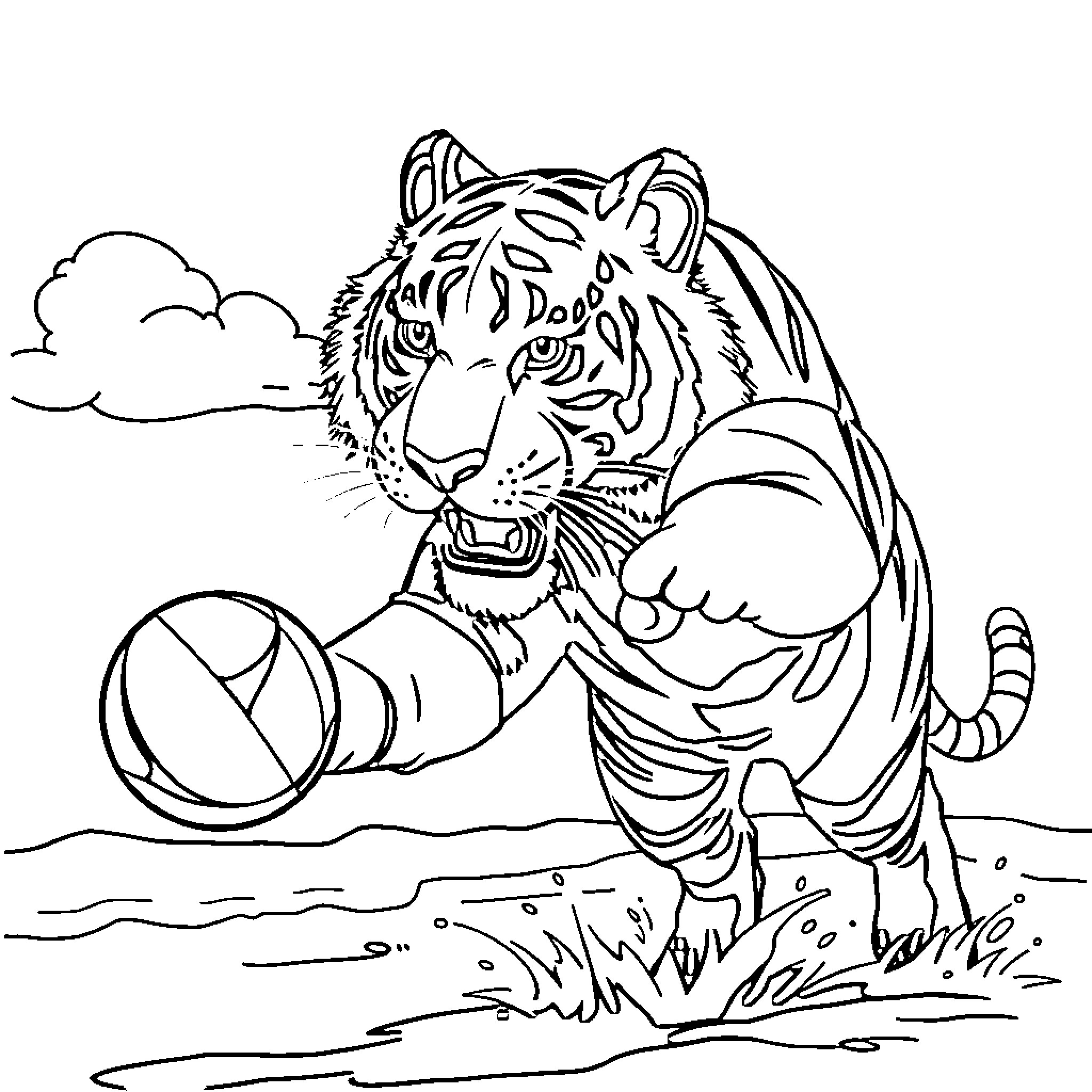 Tiger playing with ball in field Coloring Page (free black-and-white line drawing printable PDF for all, from beginners to advanced learners, including children, teens, adults, and seniors)