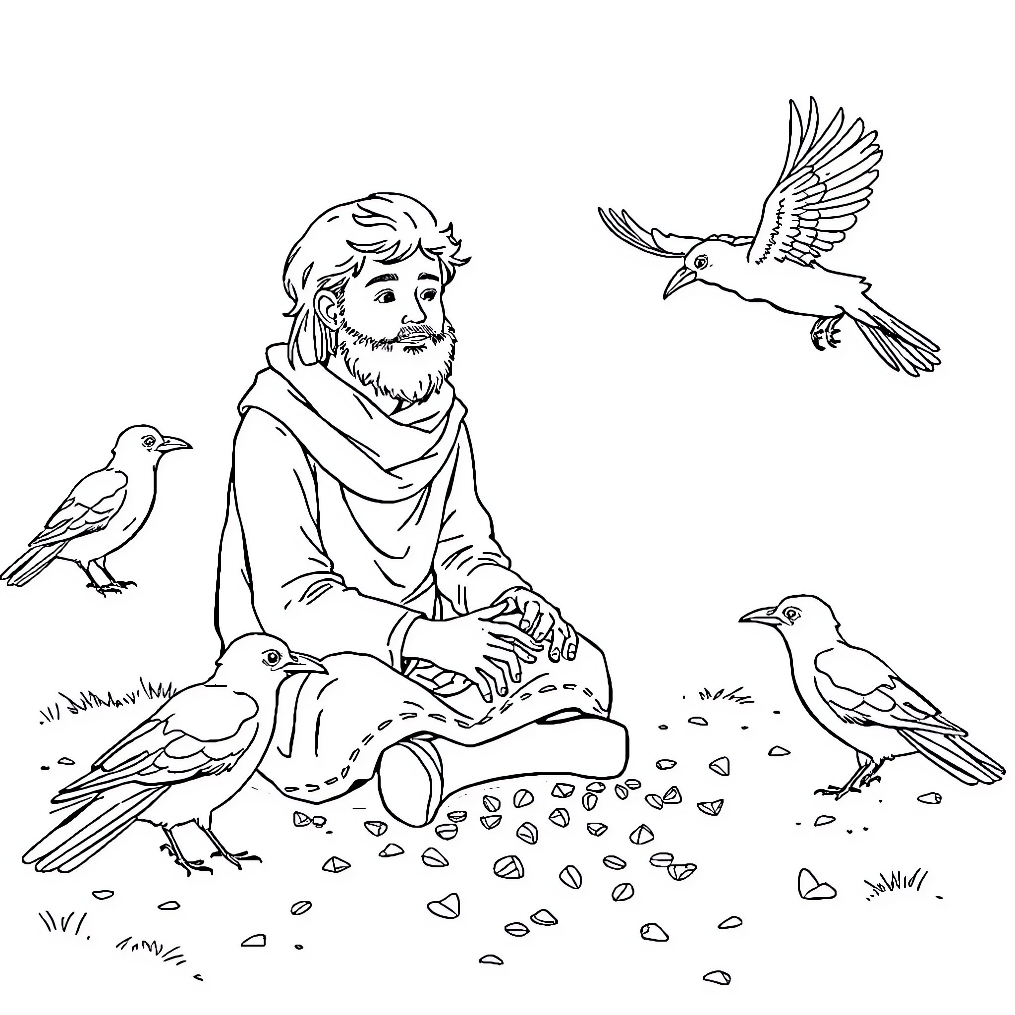 Crow Feeding Birds in Serene Outdoor Setting Coloring Page (free black-and-white line drawing printable PDF for all, from beginners to advanced learners, including children, teens, adults, and seniors)