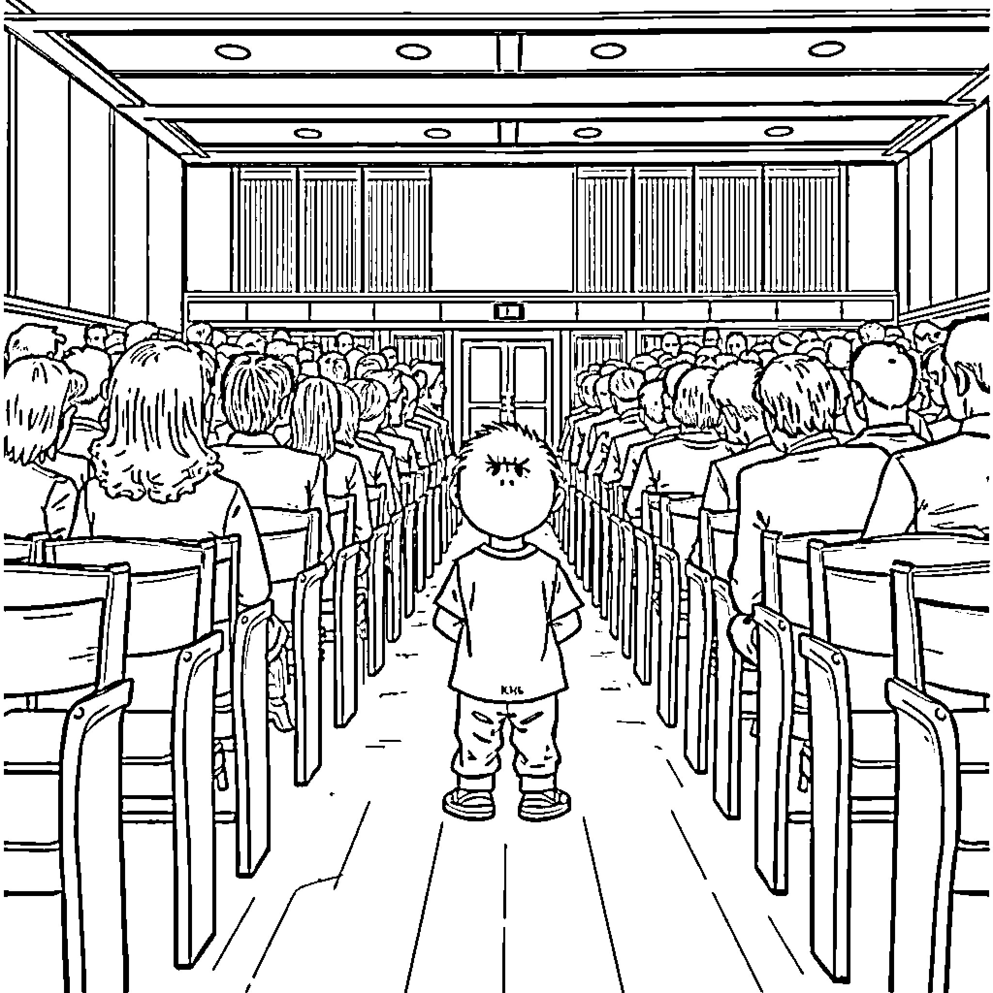 Kid in a crowded auditorium or theater Coloring Page (free black-and-white line drawing printable PDF for all, from beginners to advanced learners, including children, teens, adults, and seniors)
