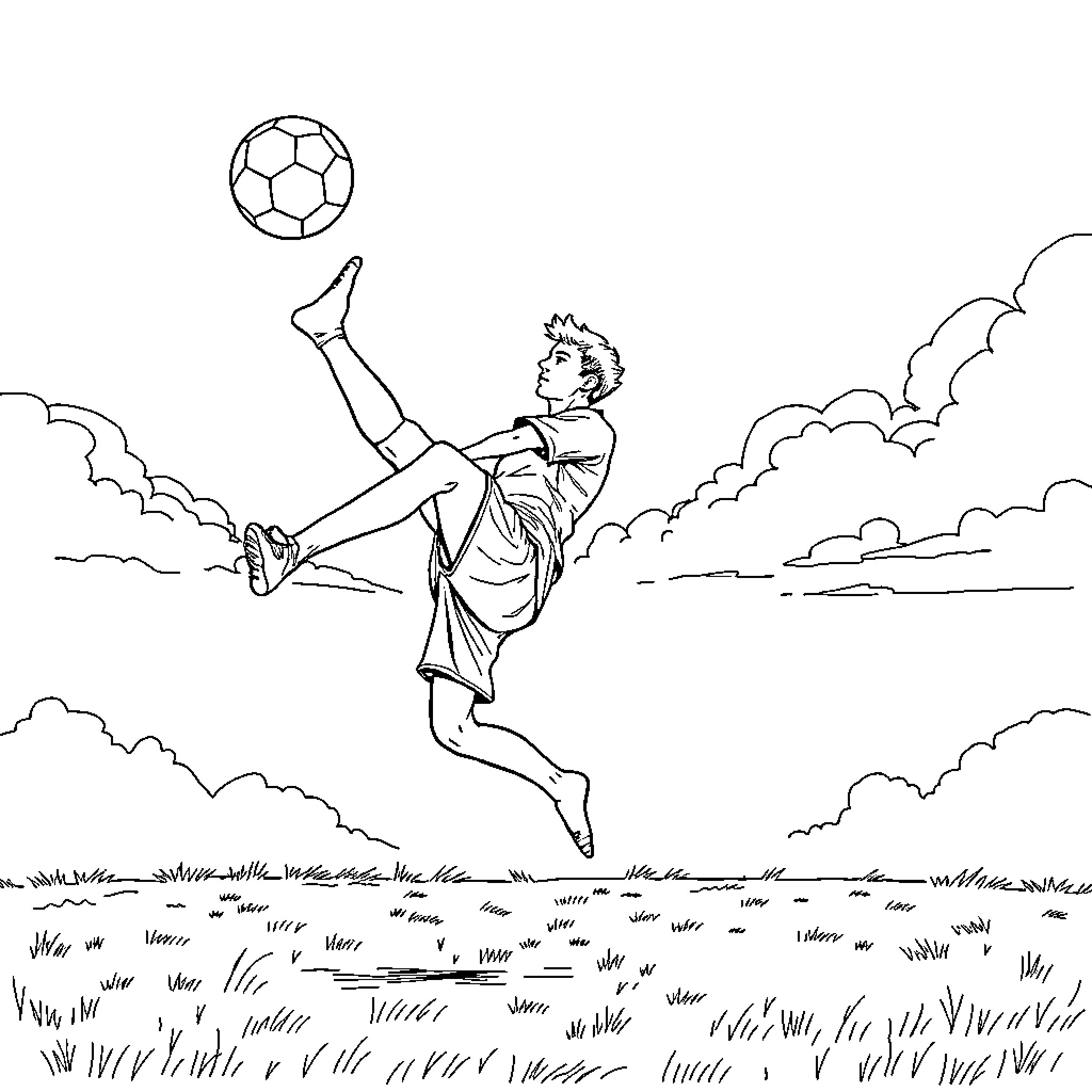 Soccer Player Kicking Ball in Outdoor Field Coloring Page (free black-and-white line drawing printable PDF for all, from beginners to advanced learners, including children, teens, adults, and seniors)