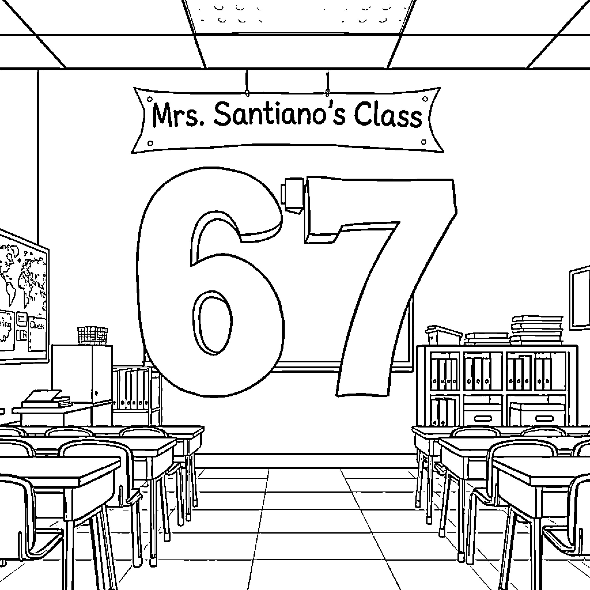 Number Classroom Scene with Teacher's Name Coloring Page (free black-and-white line drawing printable PDF for all, from beginners to advanced learners, including children, teens, adults, and seniors)