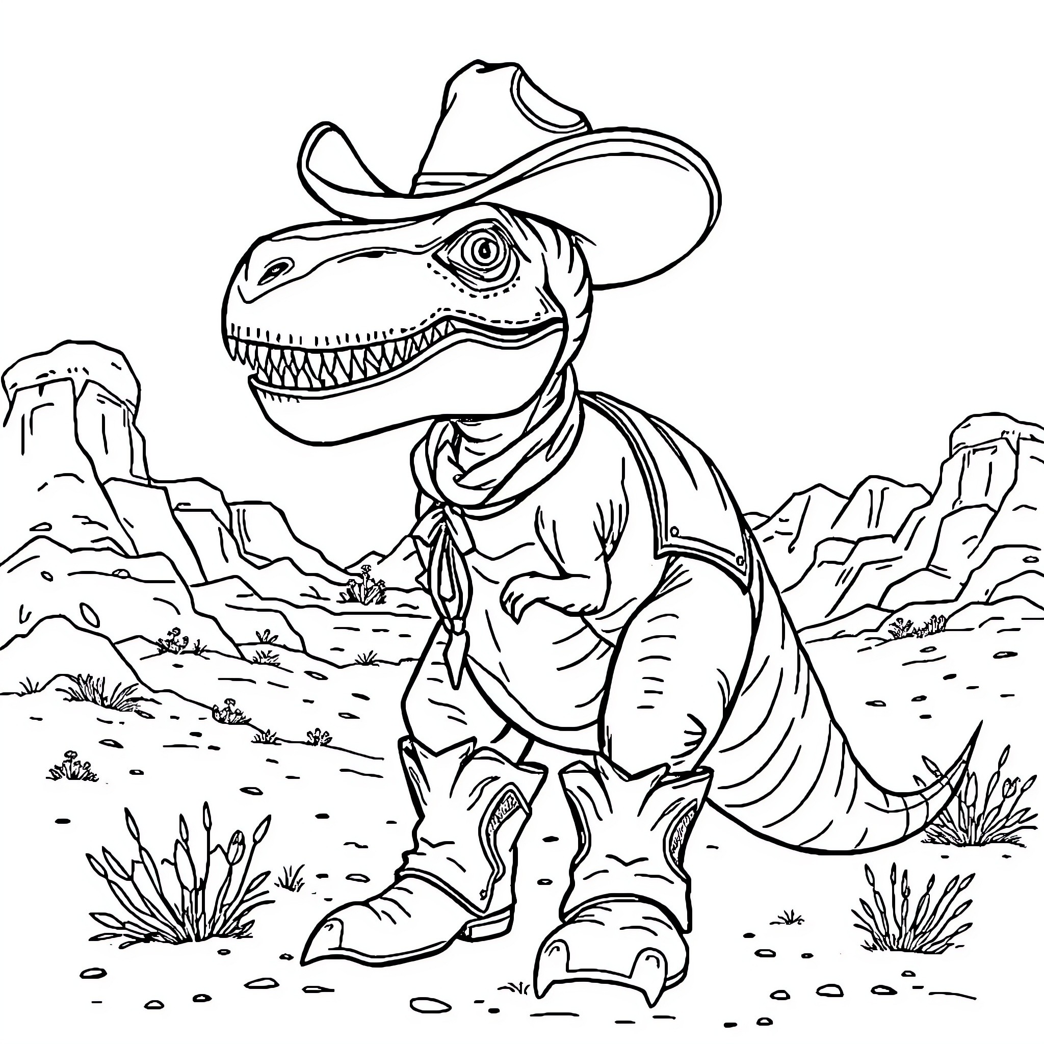 Dino cowboy exploring the desert landscape Coloring Page (free black-and-white line drawing printable PDF for all, from beginners to advanced learners, including children, teens, adults, and seniors)