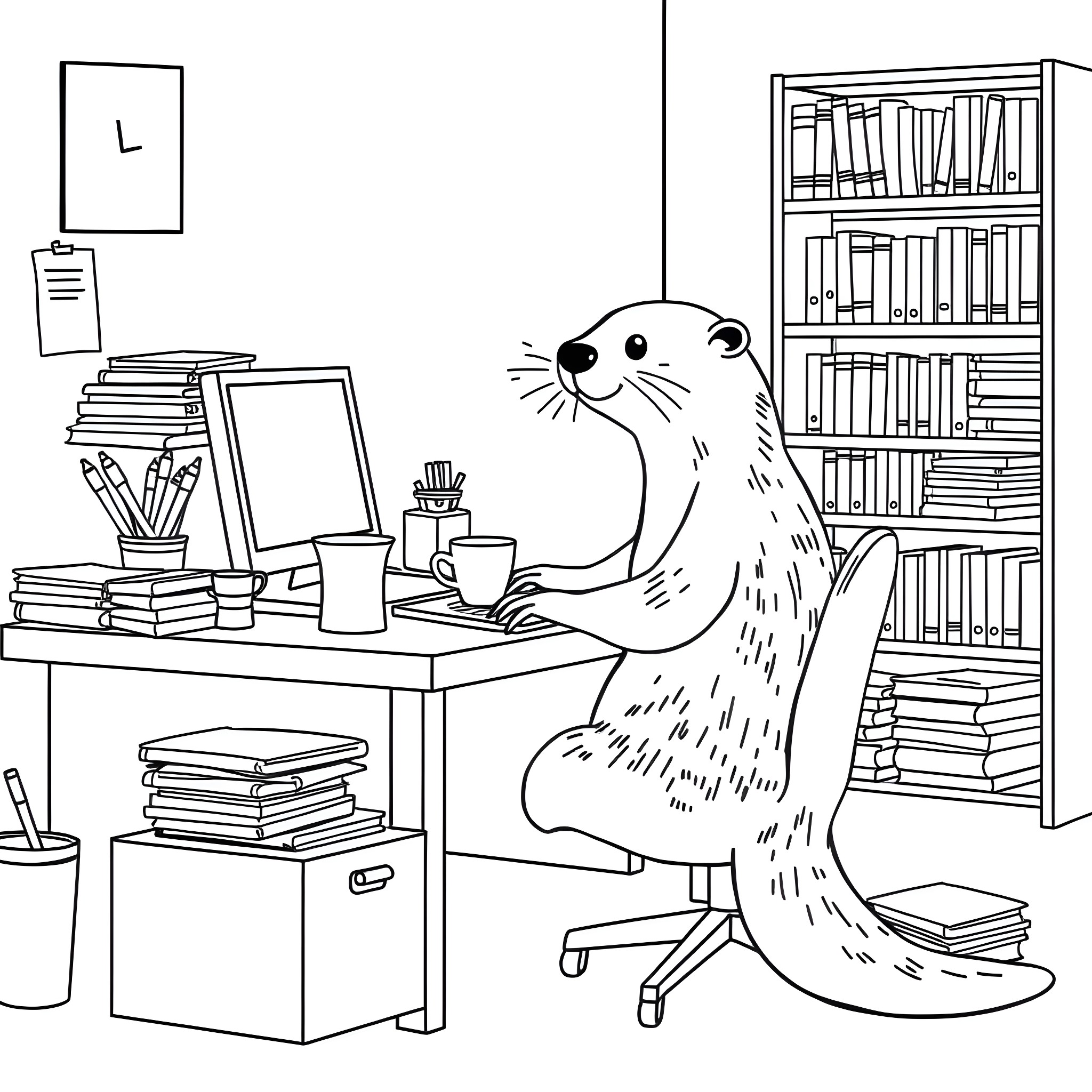 Otter working diligently in a cozy office Coloring Page (free black-and-white line drawing printable PDF for all, from beginners to advanced learners, including children, teens, adults, and seniors)