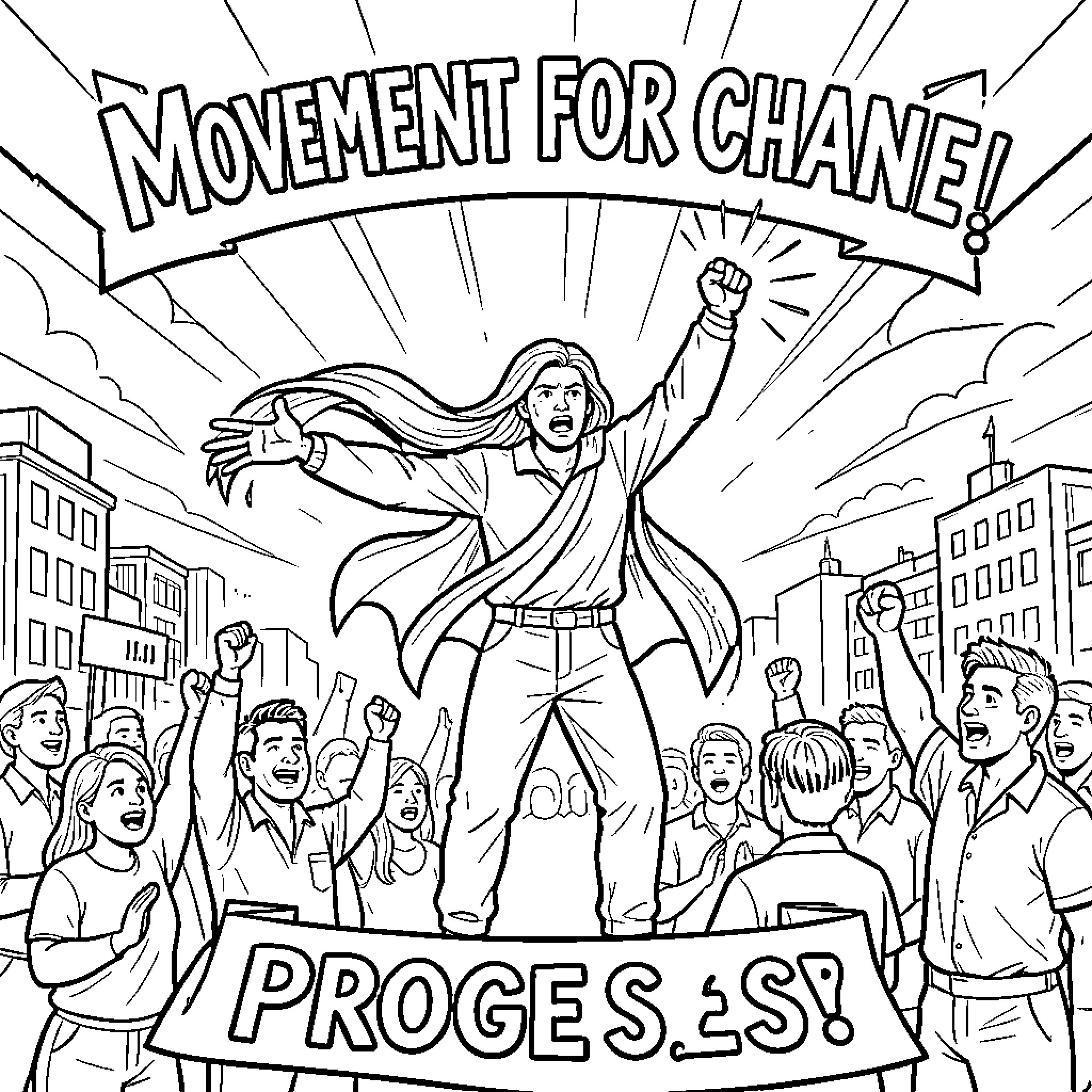 Revolution leaders leading a crowd with raised fists Coloring Page (free black-and-white line drawing printable PDF for all, from beginners to advanced learners, including children, teens, adults, and seniors)