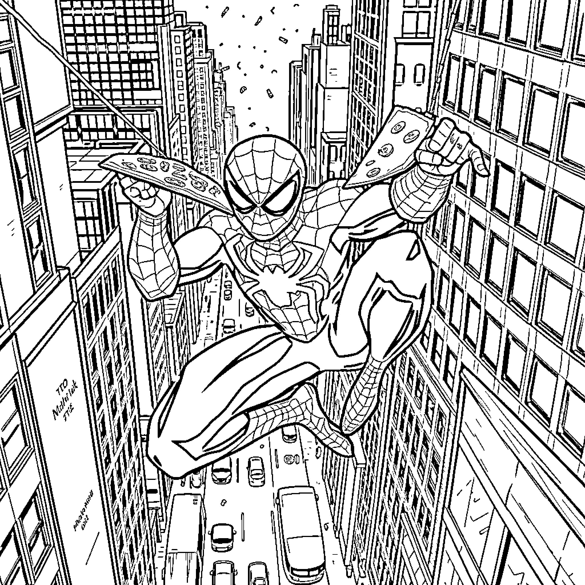 Spider-Man swinging through the city skyline Coloring Page (free black-and-white line drawing printable PDF for all, from beginners to advanced learners, including children, teens, adults, and seniors)