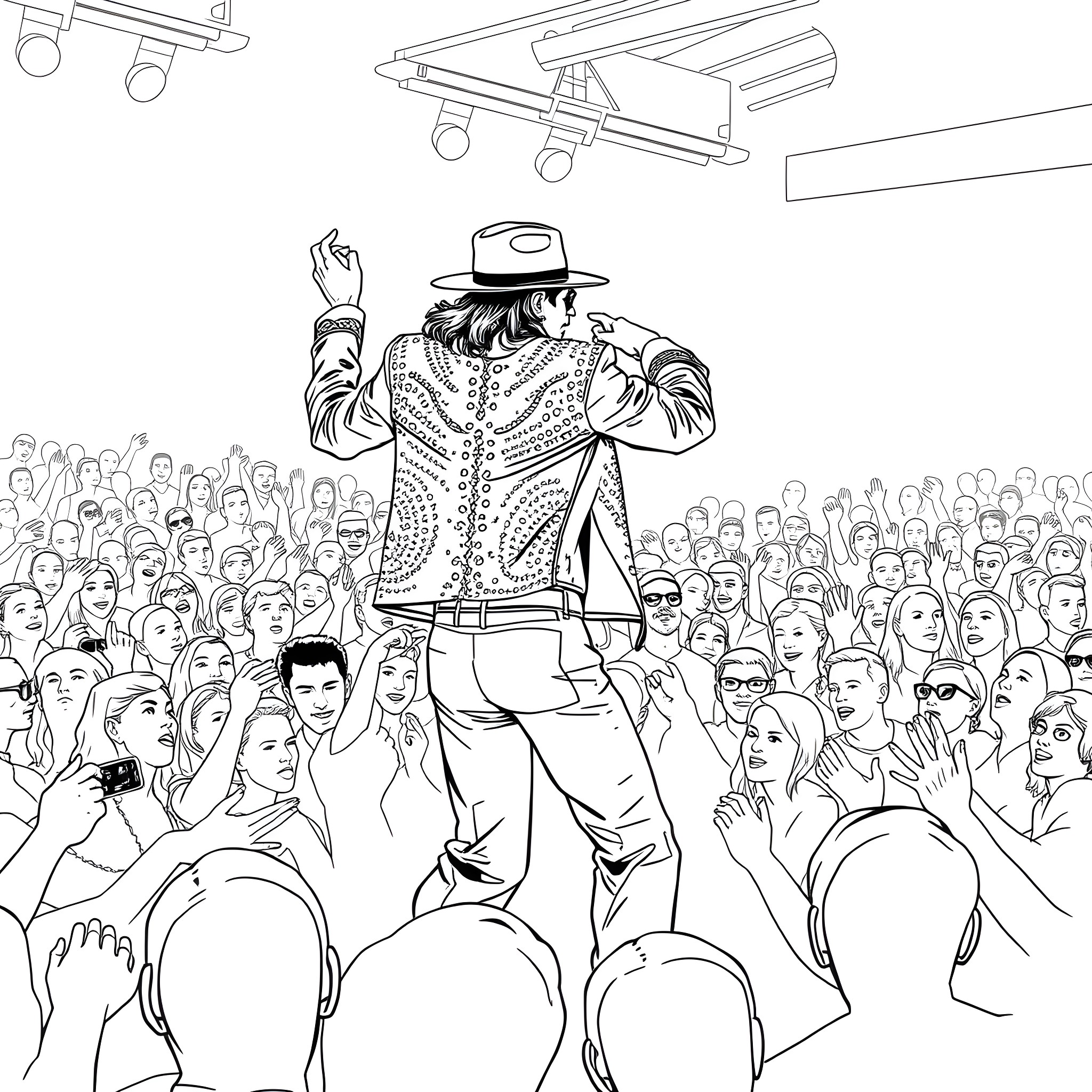Michael Jackson performing on stage for a large crowd Coloring Page (free black-and-white line drawing printable PDF for all, from beginners to advanced learners, including children, teens, adults, and seniors)