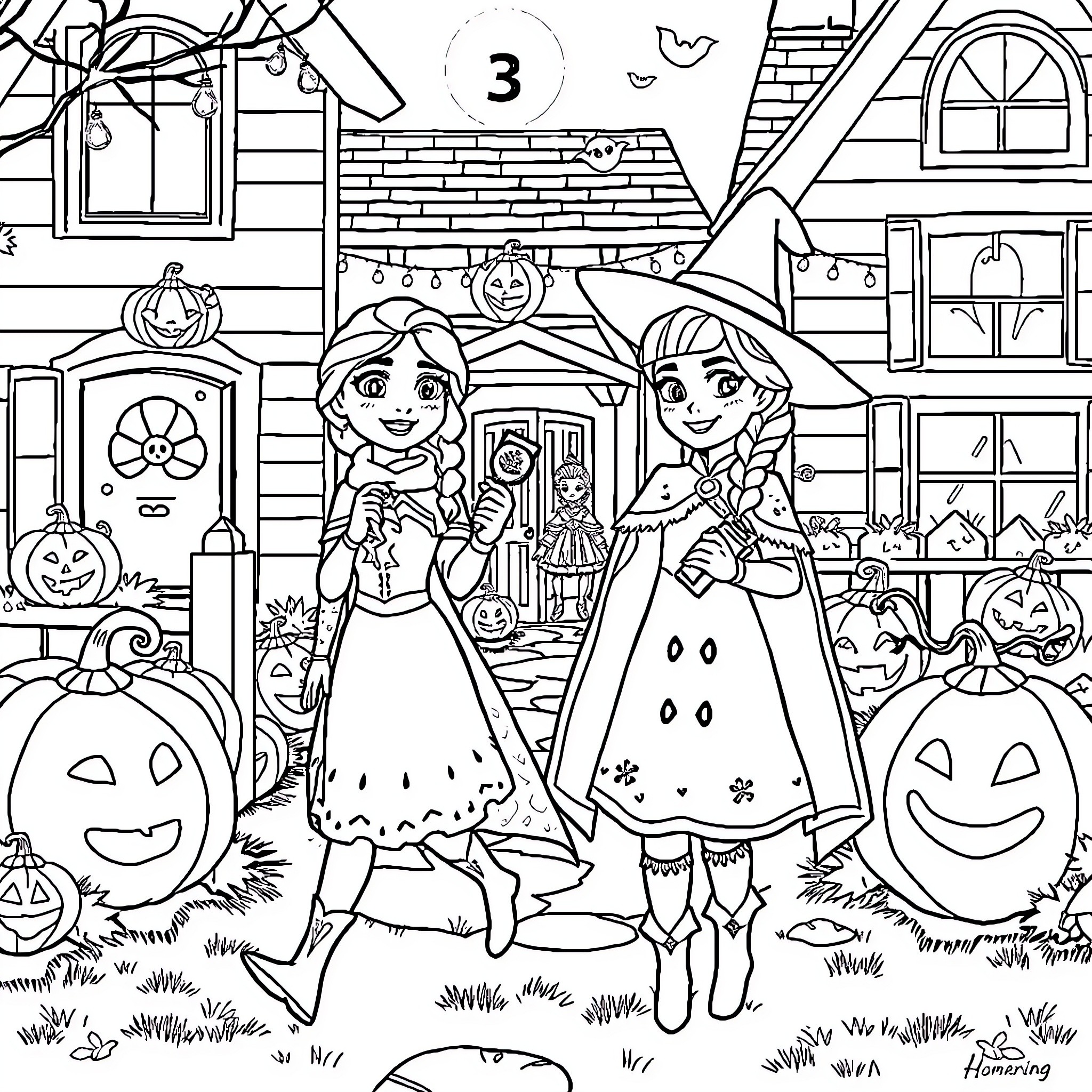 Anna and Elsa Trick-or-Treating on Halloween Coloring Page (free black-and-white line drawing printable PDF for all, from beginners to advanced learners, including children, teens, adults, and seniors)