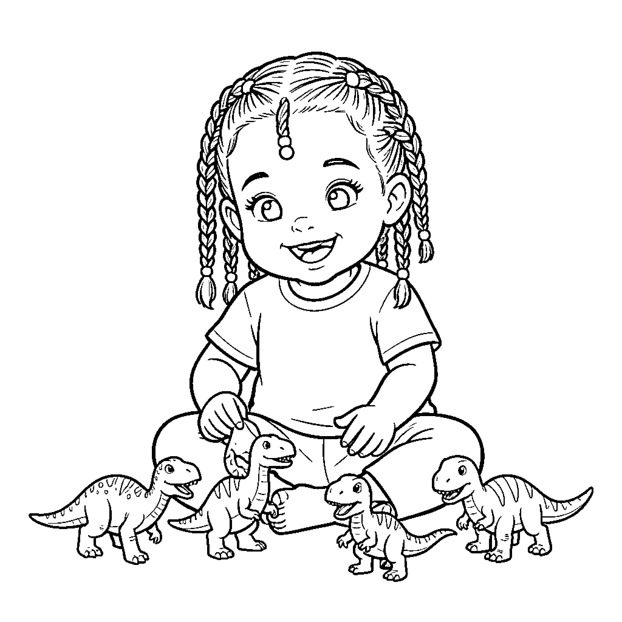 Toddler playing happily with several dinosaur toys Coloring Page (free black-and-white line drawing printable PDF for all, from beginners to advanced learners, including children, teens, adults, and seniors)