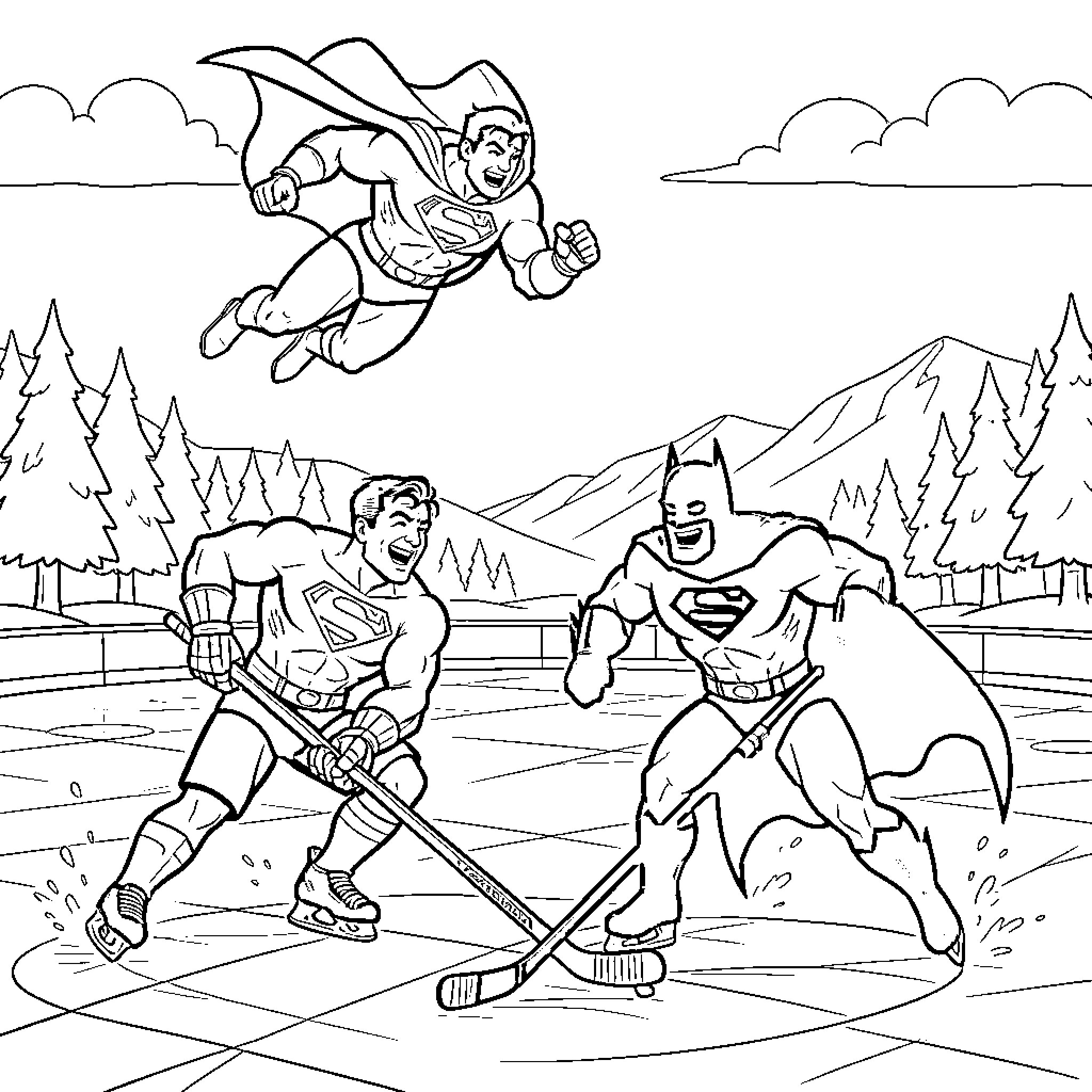 Superman saving the day on the hockey rink Coloring Page (free black-and-white line drawing printable PDF for all, from beginners to advanced learners, including children, teens, adults, and seniors)