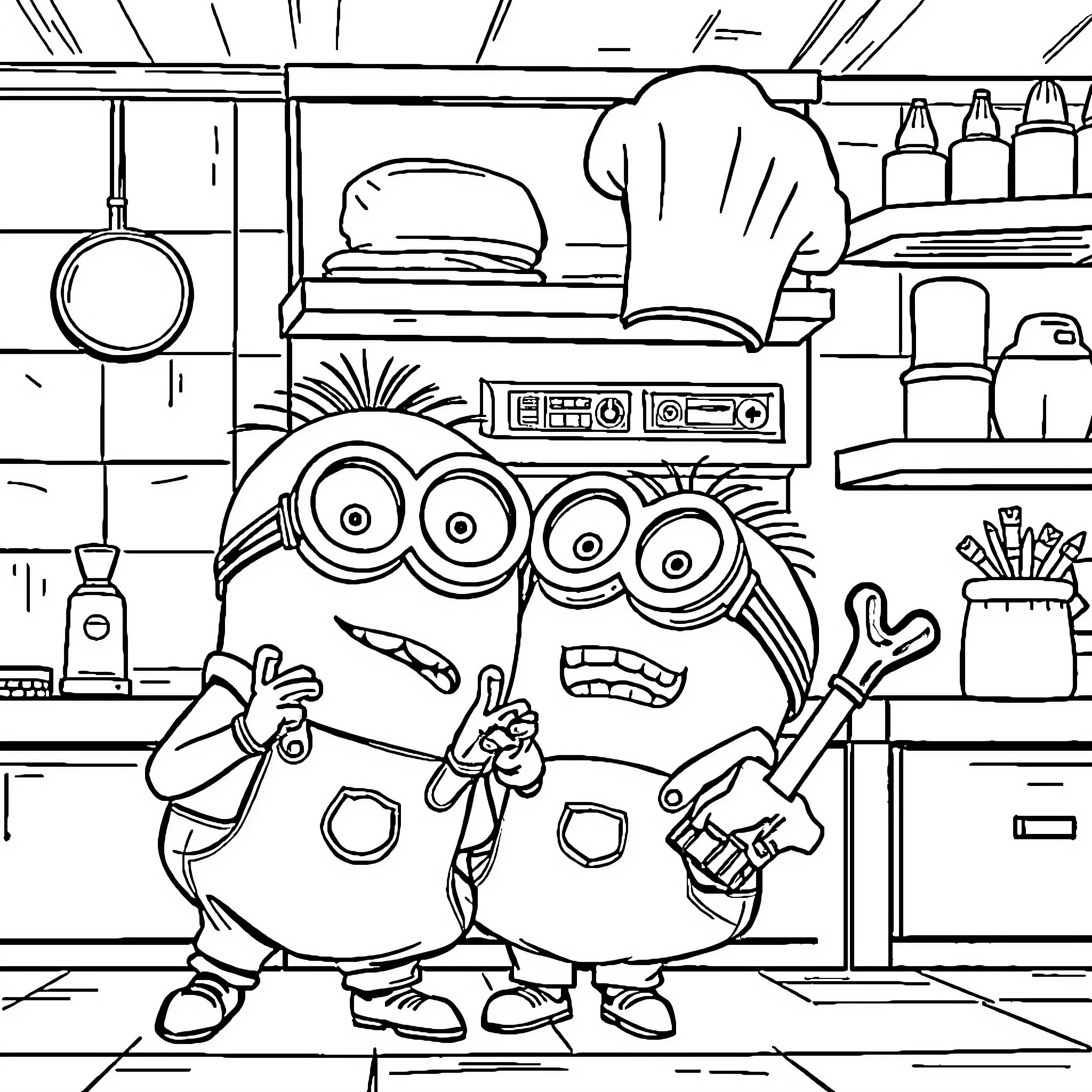Minions cheerfully working in the kitchen Coloring Page (free black-and-white line drawing printable PDF for all, from beginners to advanced learners, including children, teens, adults, and seniors)