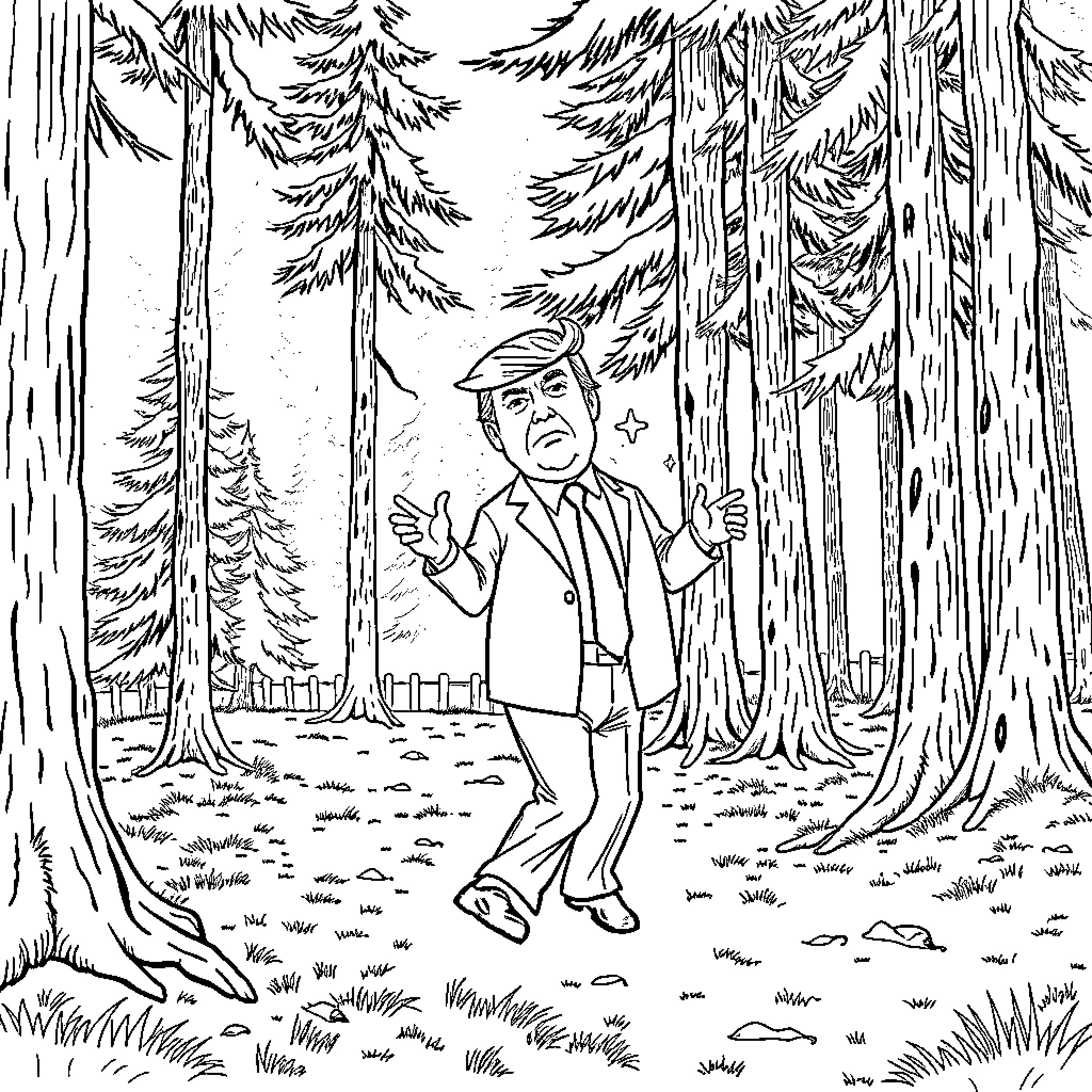 Donald Trump Lost in the Mysterious Forest Coloring Page (free black-and-white line drawing printable PDF for all, from beginners to advanced learners, including children, teens, adults, and seniors)
