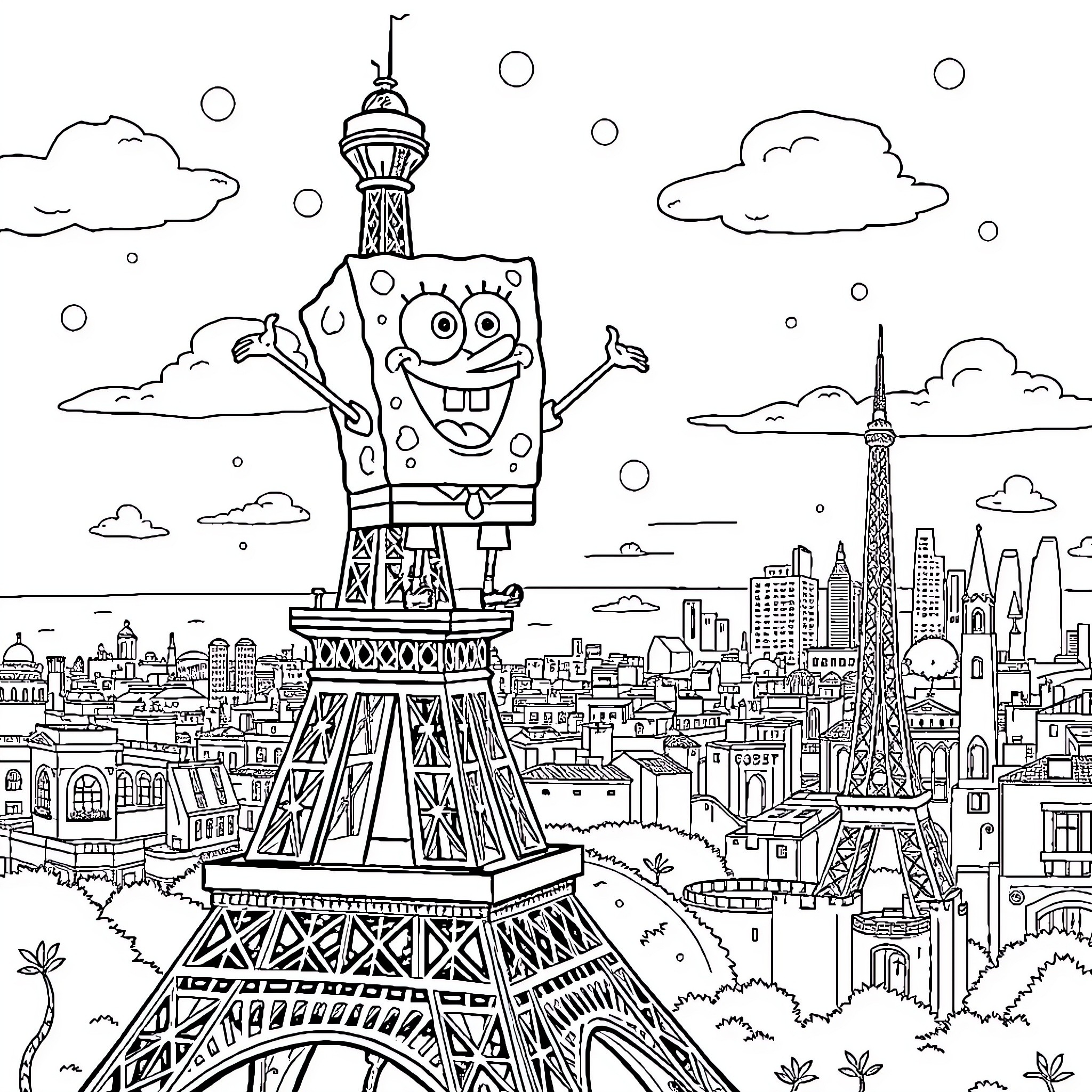Spongebob enjoys the view from the Eiffel Tower Coloring Page (free black-and-white line drawing printable PDF for all, from beginners to advanced learners, including children, teens, adults, and seniors)