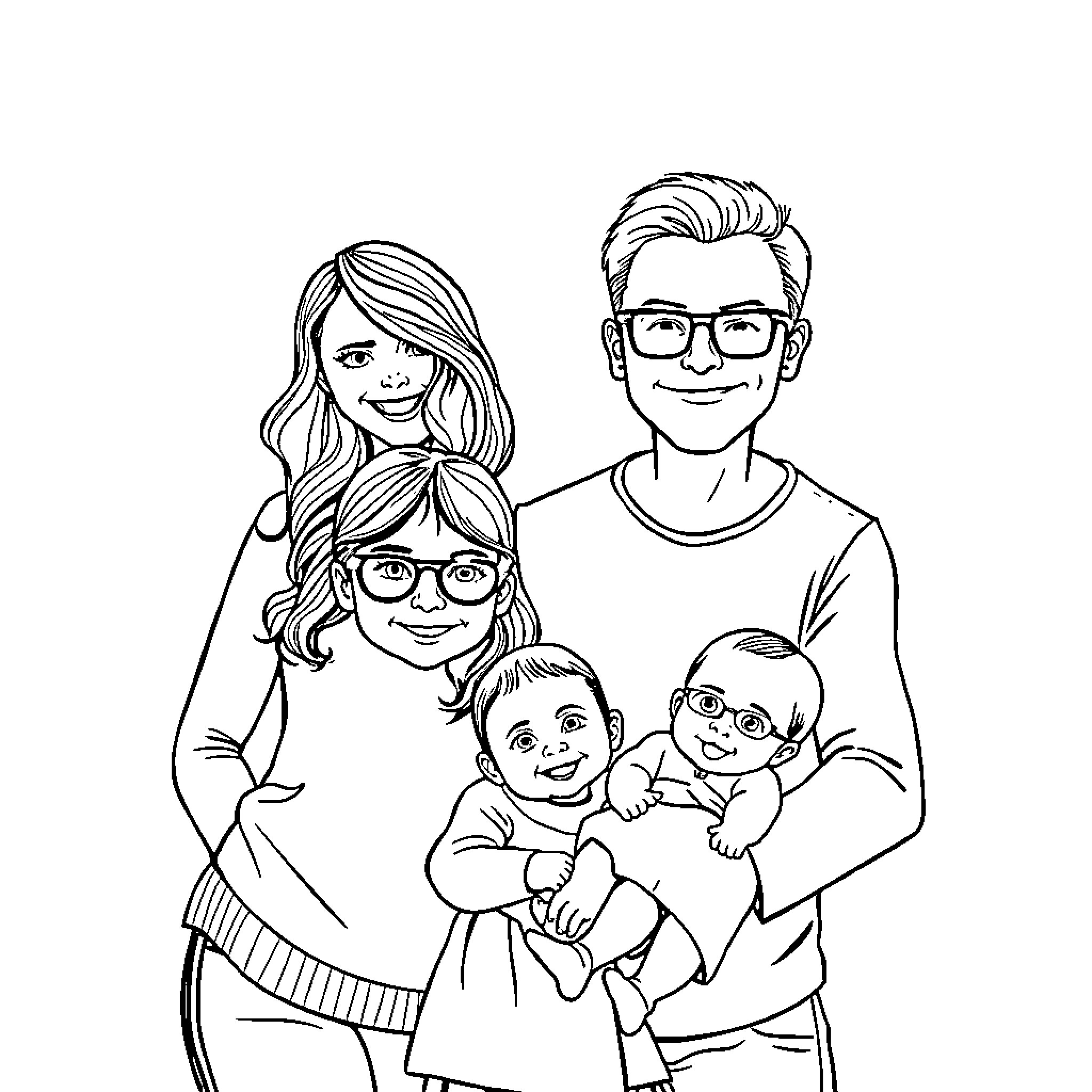 Family portrait of smiling parents and children Coloring Page (free black-and-white line drawing printable PDF for all, from beginners to advanced learners, including children, teens, adults, and seniors)