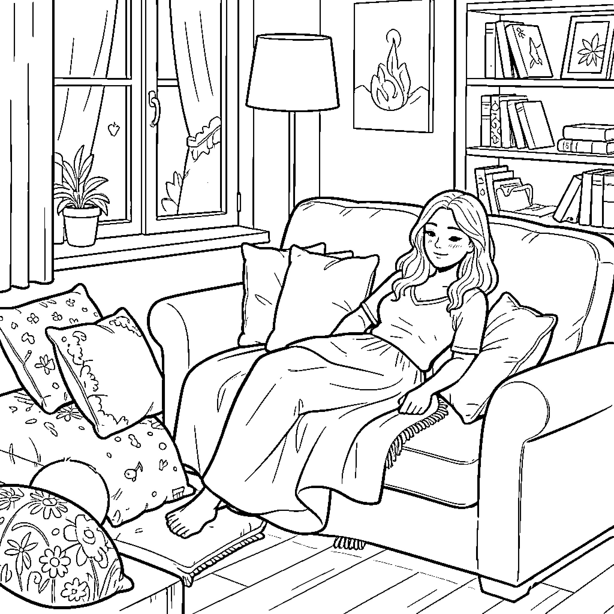 Woman relaxing comfortably in cozy home setting Coloring Page (free black-and-white line drawing printable PDF for all, from beginners to advanced learners, including children, teens, adults, and seniors)
