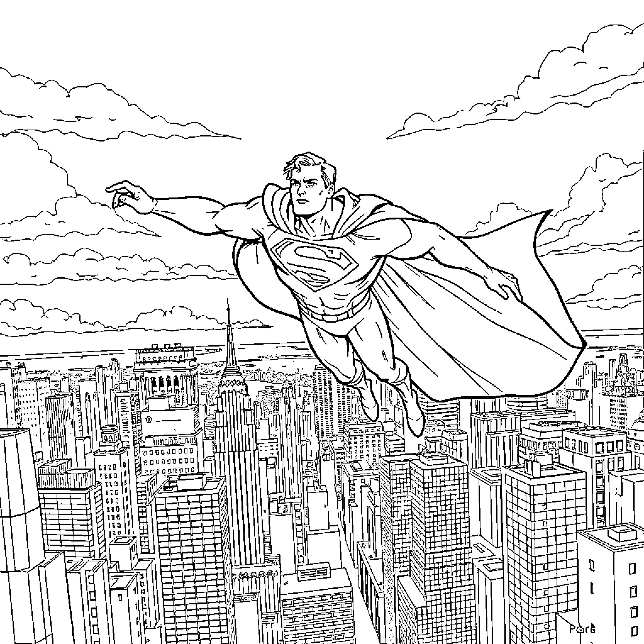 Superman soaring over the city skyline Coloring Page (free black-and-white line drawing printable PDF for all, from beginners to advanced learners, including children, teens, adults, and seniors)