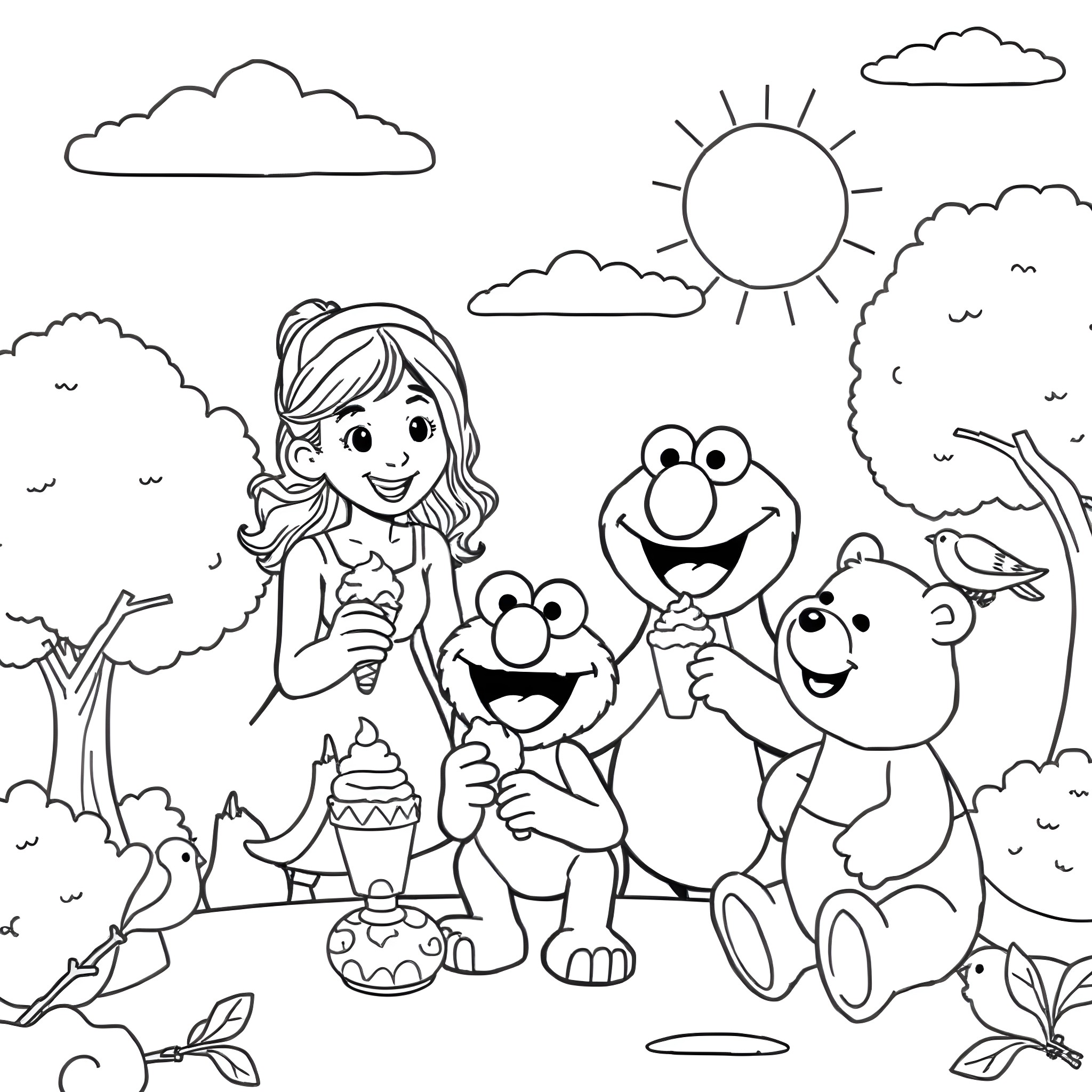 Character enjoying ice cream with cute puppets in nature Coloring Page (free black-and-white line drawing printable PDF for all, from beginners to advanced learners, including children, teens, adults, and seniors)