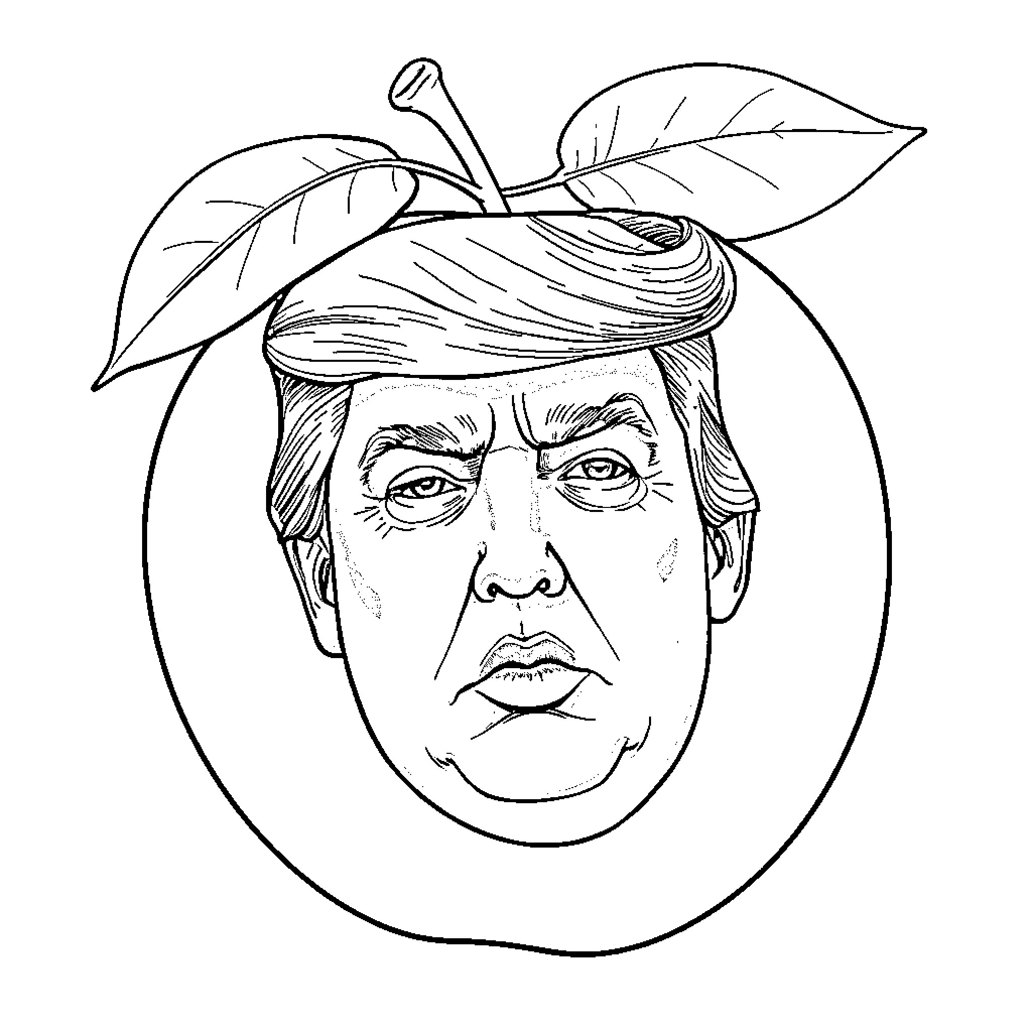 Trump's Fruitful Political Portrait Coloring Page (free black-and-white line drawing printable PDF for all, from beginners to advanced learners, including children, teens, adults, and seniors)