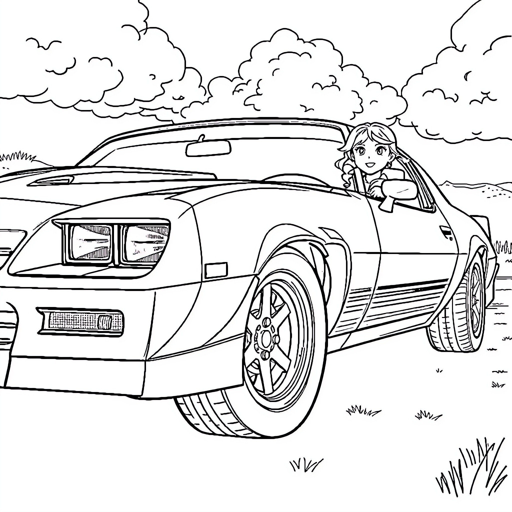 Camaro driven by a young woman on a scenic road Coloring Page (free black-and-white line drawing printable PDF for all, from beginners to advanced learners, including children, teens, adults, and seniors)