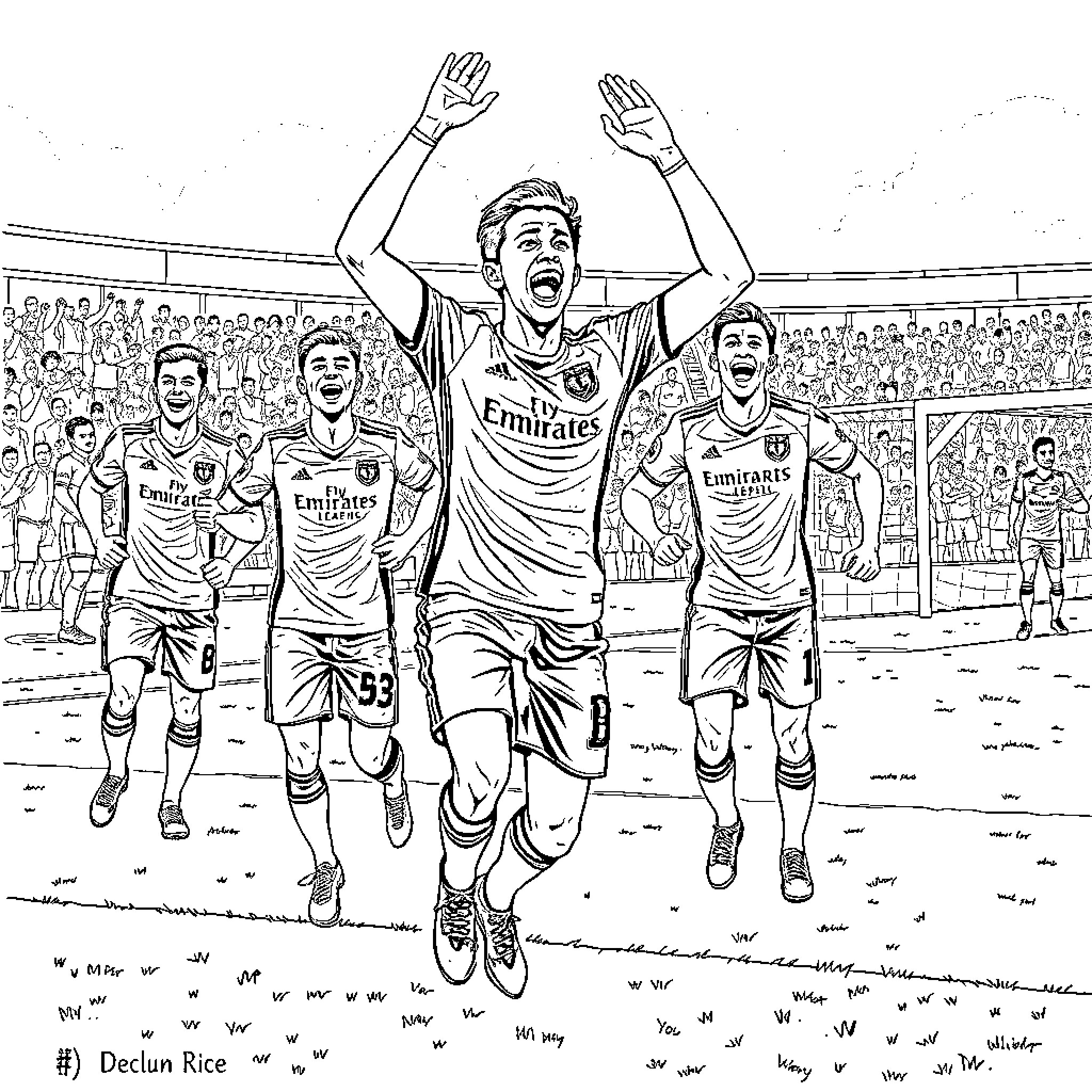 Declan Rice celebrating with teammates after football match Coloring Page (free black-and-white line drawing printable PDF for all, from beginners to advanced learners, including children, teens, adults, and seniors)