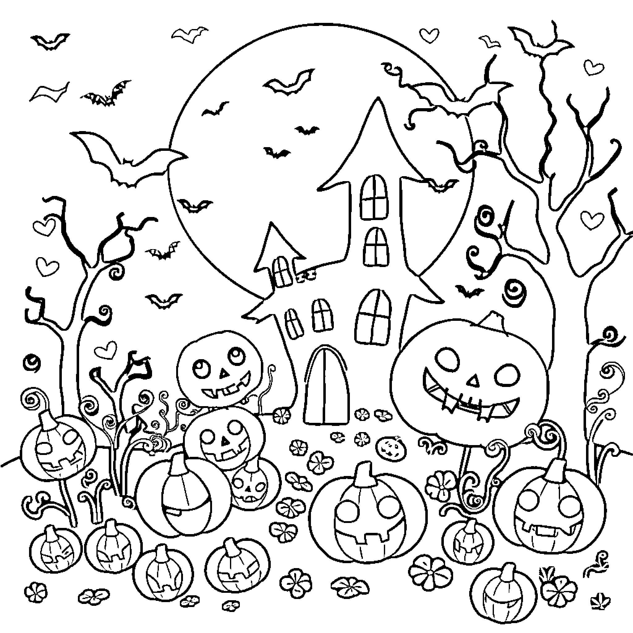 Halloween Pumpkins, Haunted Houses, and Bats in the Night Coloring Page (free black-and-white line drawing printable PDF for all, from beginners to advanced learners, including children, teens, adults, and seniors)