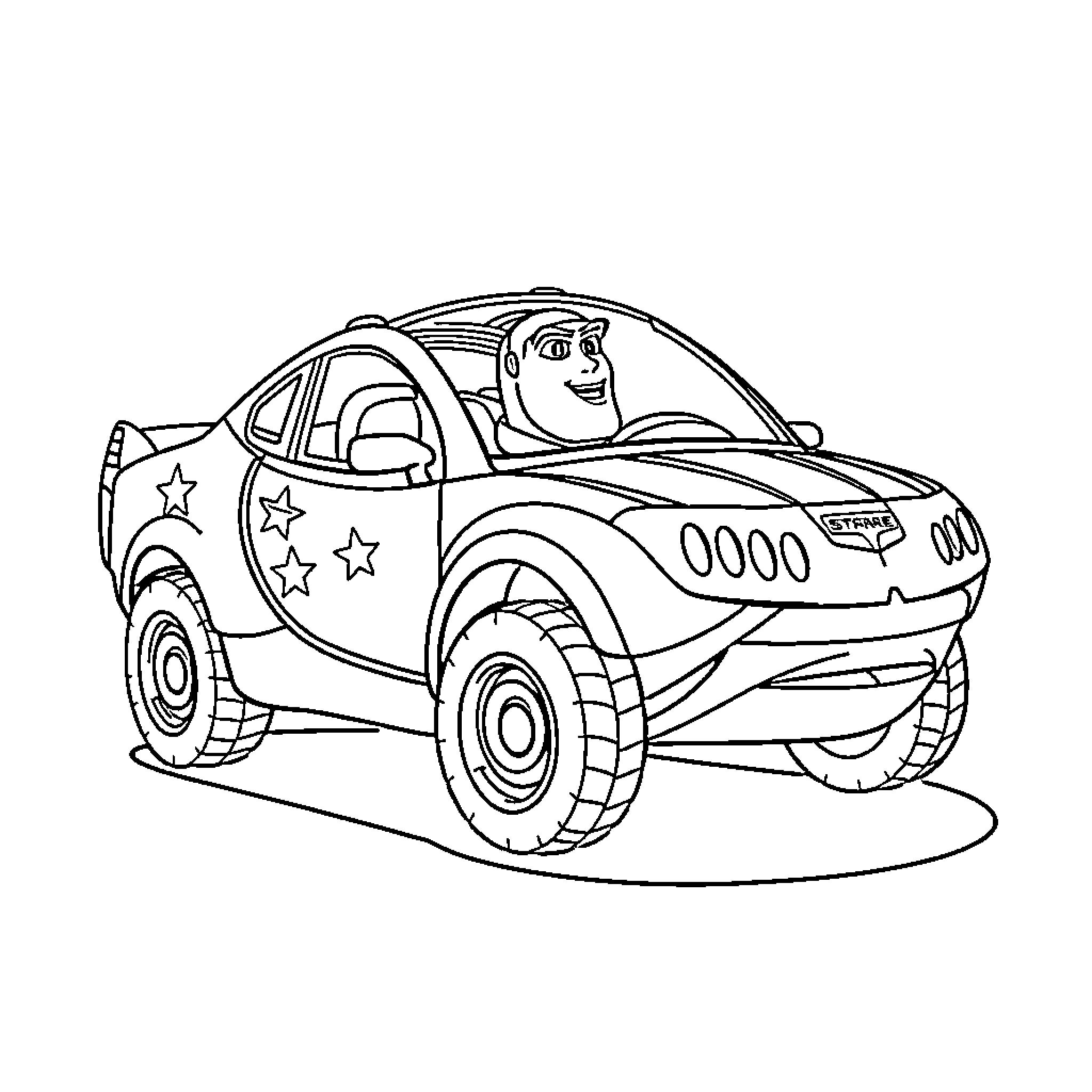 Buzz Lightyear driving a space-themed vehicle Coloring Page (free black-and-white line drawing printable PDF for all, from beginners to advanced learners, including children, teens, adults, and seniors)