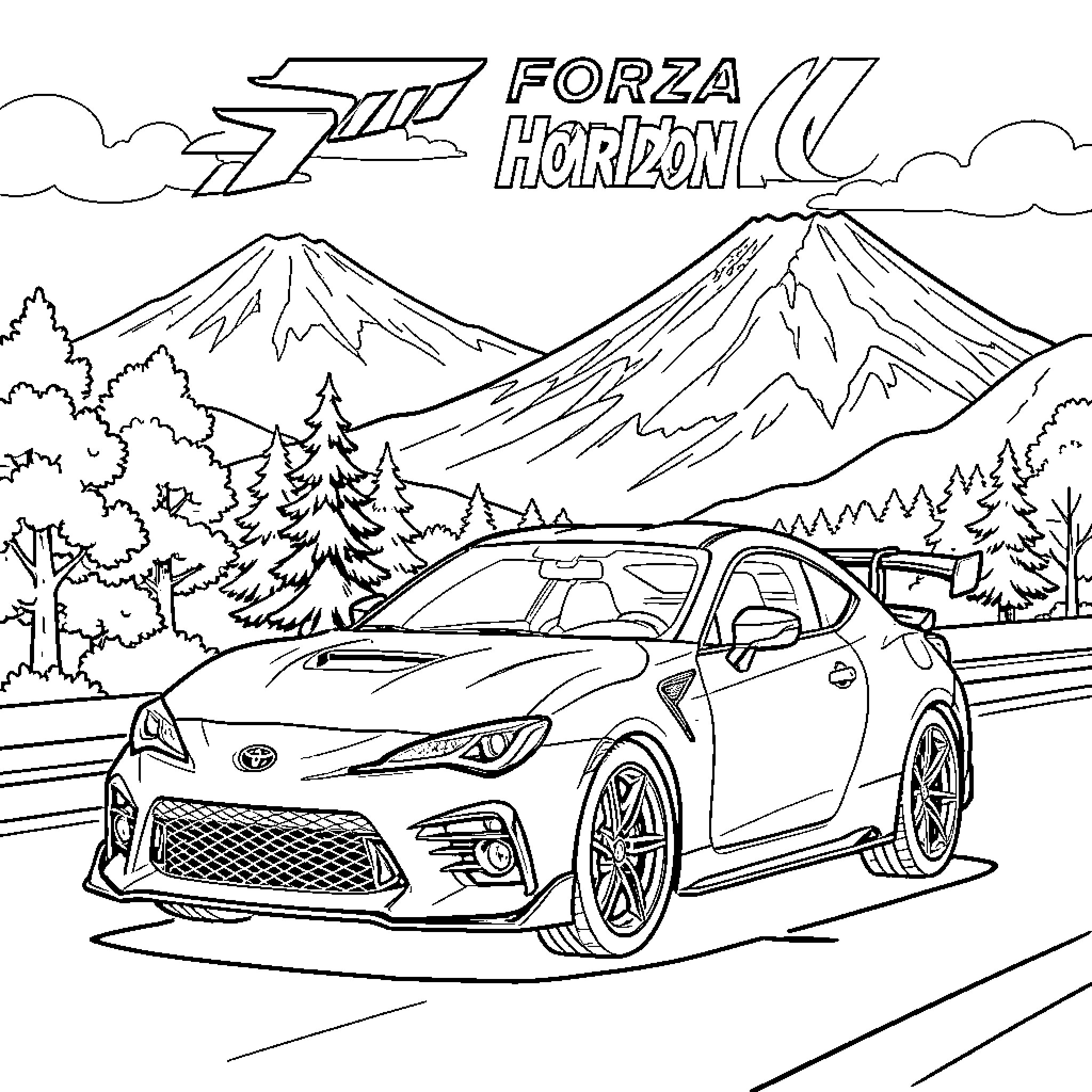 Toyota driving along a scenic mountain road Coloring Page (free black-and-white line drawing printable PDF for all, from beginners to advanced learners, including children, teens, adults, and seniors)