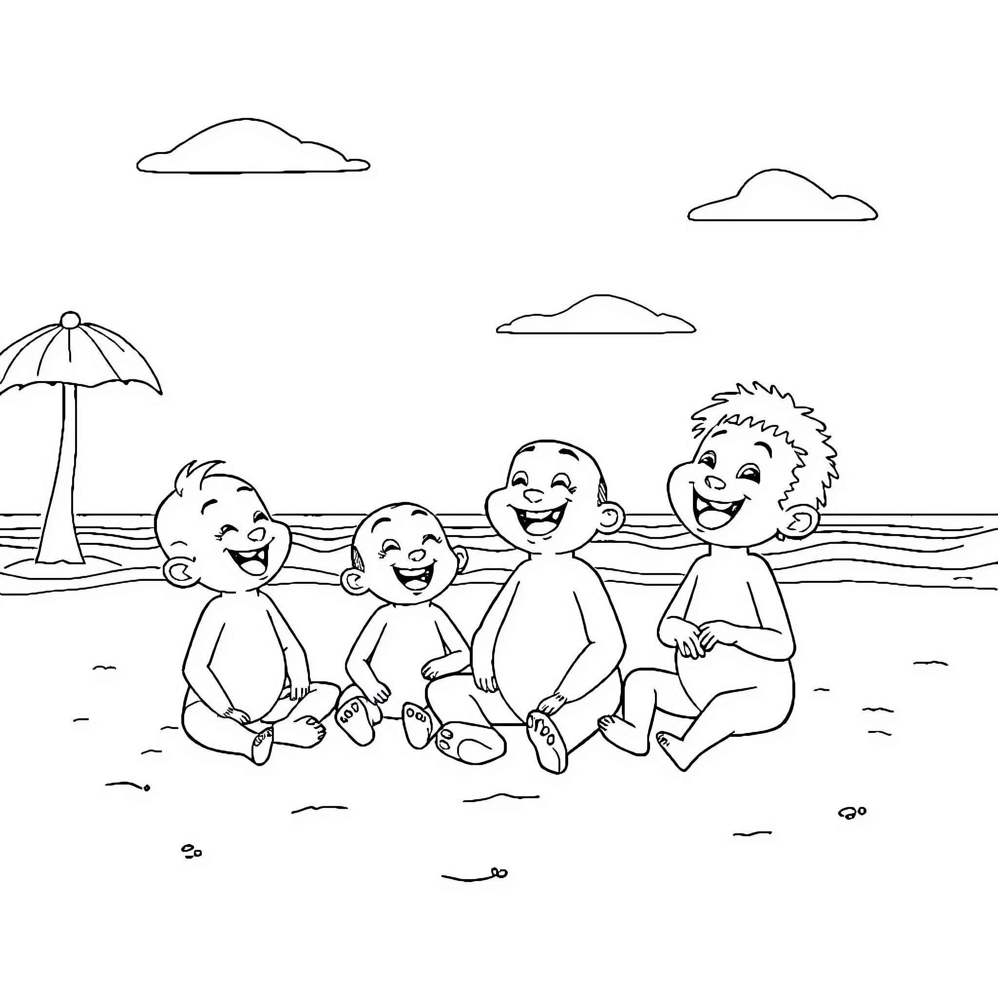 Labubu's Happy Day at the Beach Coloring Page (free black-and-white line drawing printable PDF for all, from beginners to advanced learners, including children, teens, adults, and seniors)