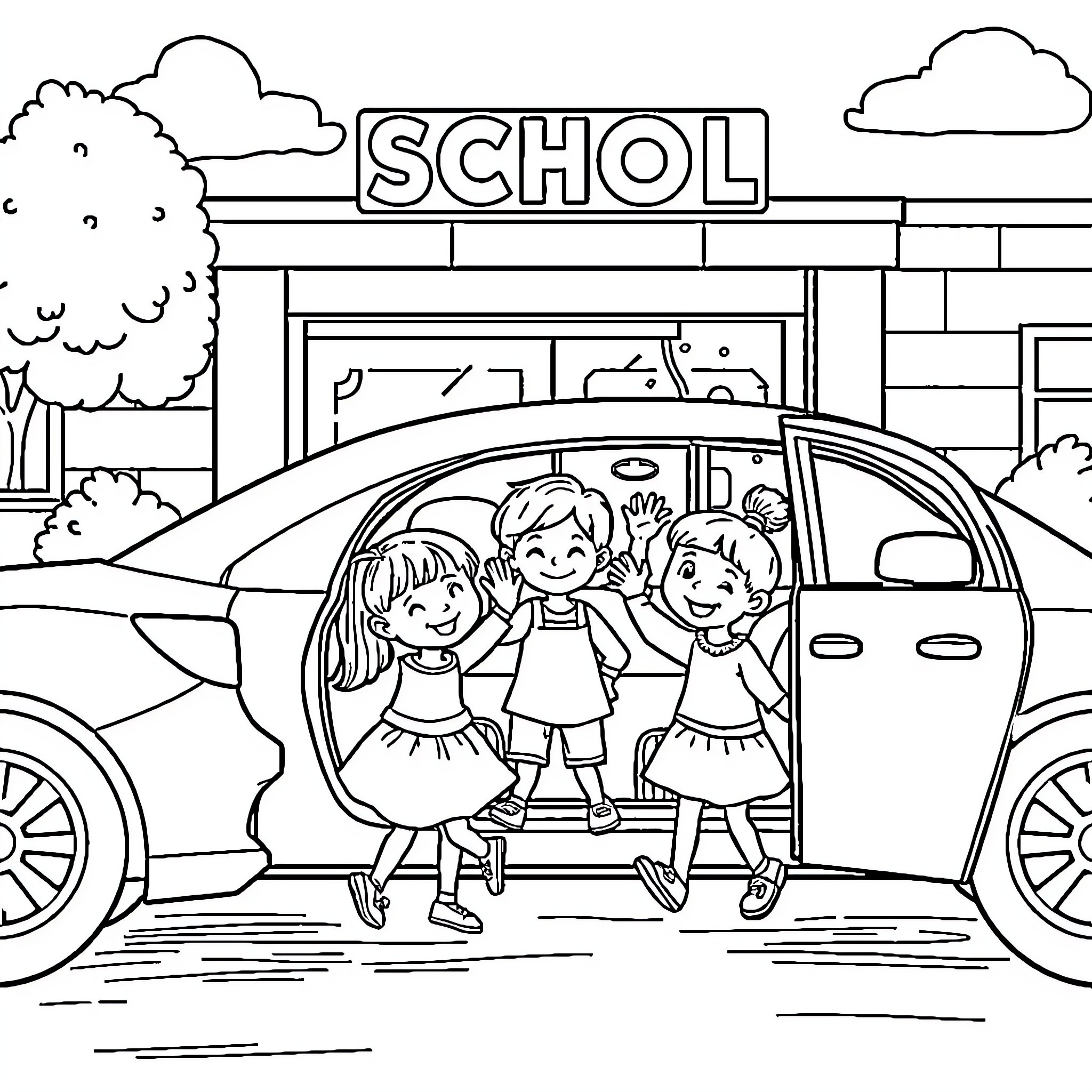 Kid students excitedly heading to school Coloring Page (free black-and-white line drawing printable PDF for all, from beginners to advanced learners, including children, teens, adults, and seniors)