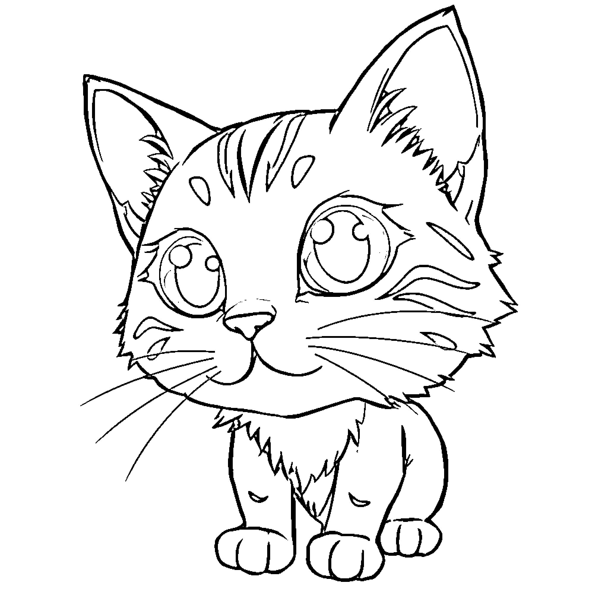 Anime Cat with Expressive Eyes Coloring Page (free black-and-white line drawing printable PDF for all, from beginners to advanced learners, including children, teens, adults, and seniors)