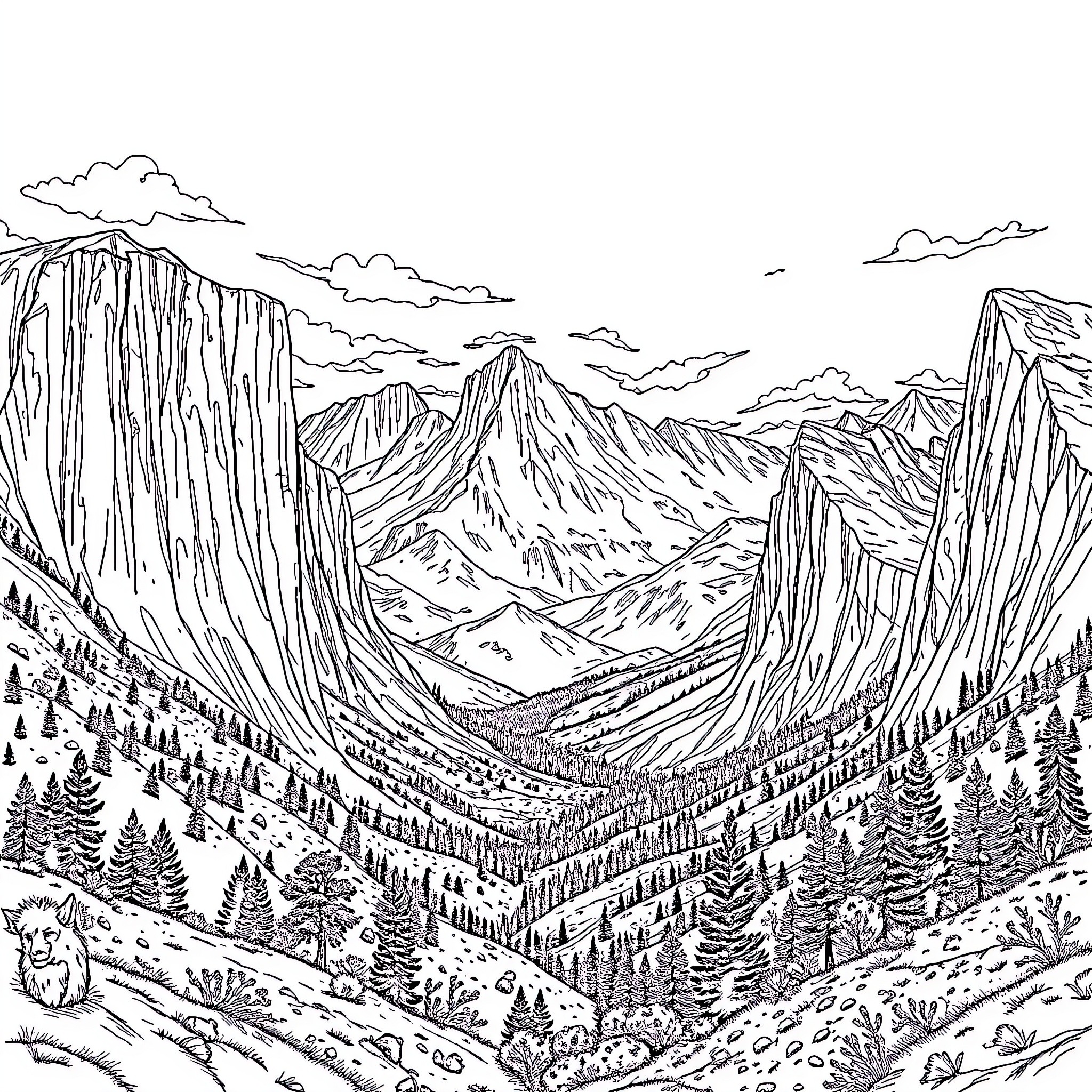 Brokeback Mountain: Rugged Terrain, Majestic Peaks, and Serene Landscape Coloring Page (free black-and-white line drawing printable PDF for all, from beginners to advanced learners, including children, teens, adults, and seniors)