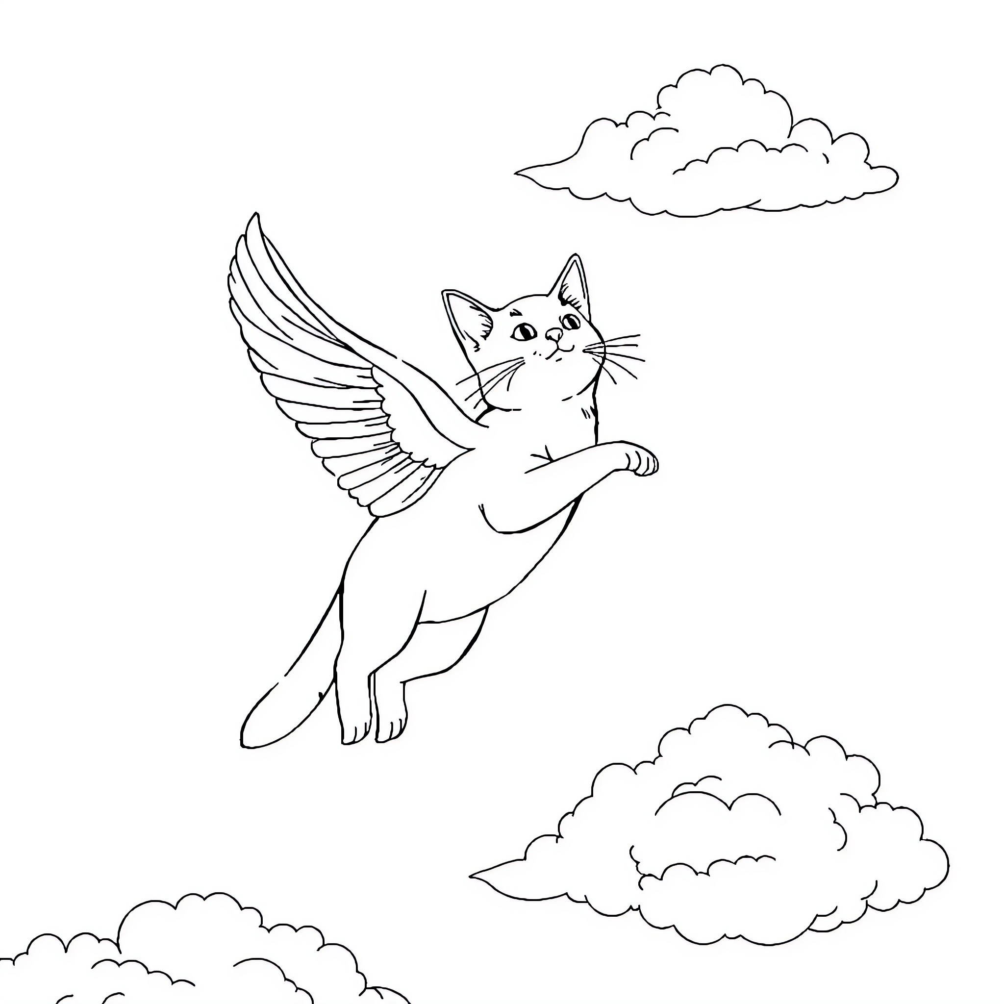 Cat with wings flying among clouds Coloring Page (free black-and-white line drawing printable PDF for all, from beginners to advanced learners, including children, teens, adults, and seniors)