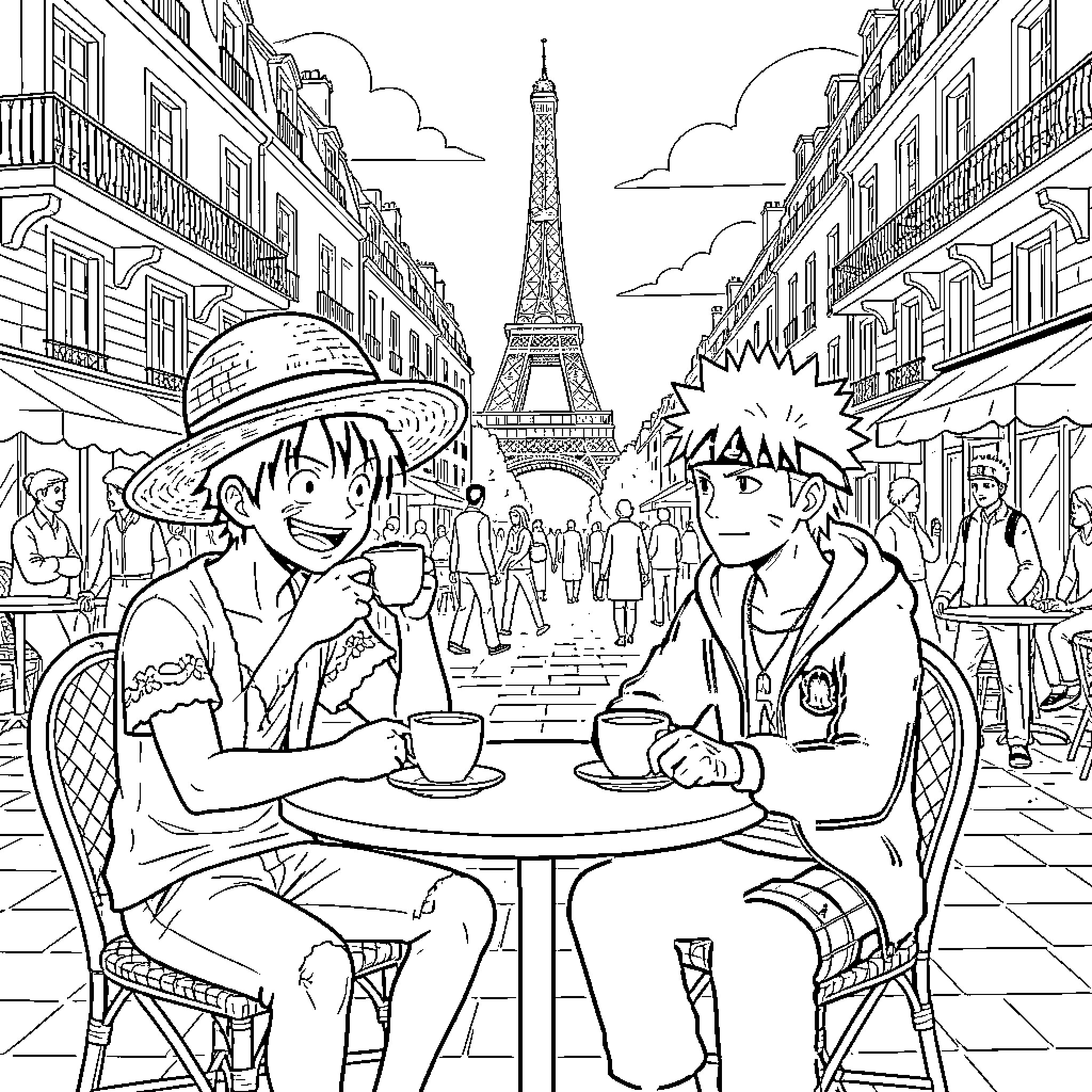 Luffy and a friend enjoying coffee at a cafe Coloring Page (free black-and-white line drawing printable PDF for all, from beginners to advanced learners, including children, teens, adults, and seniors)