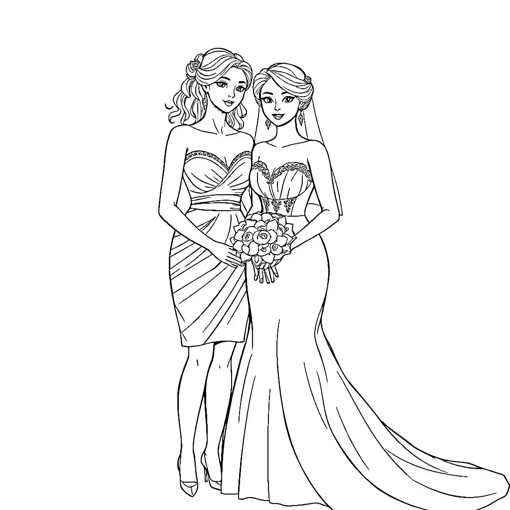 Bride and Bridesmaid in Elegant Formal Attire Coloring Page (free black-and-white line drawing printable PDF for all, from beginners to advanced learners, including children, teens, adults, and seniors)