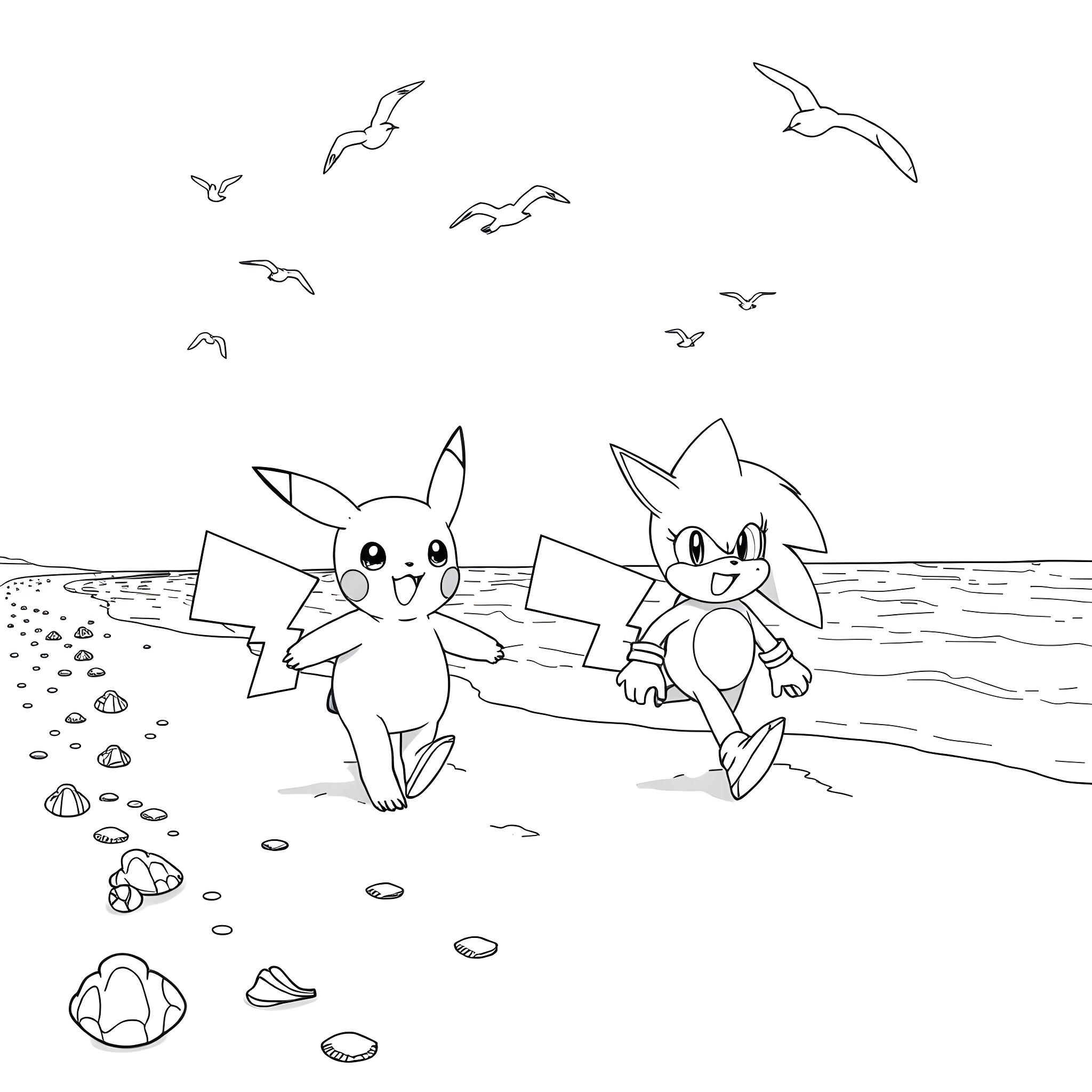 Pikachu and Sonic playing together on the beach Coloring Page (free black-and-white line drawing printable PDF for all, from beginners to advanced learners, including children, teens, adults, and seniors)