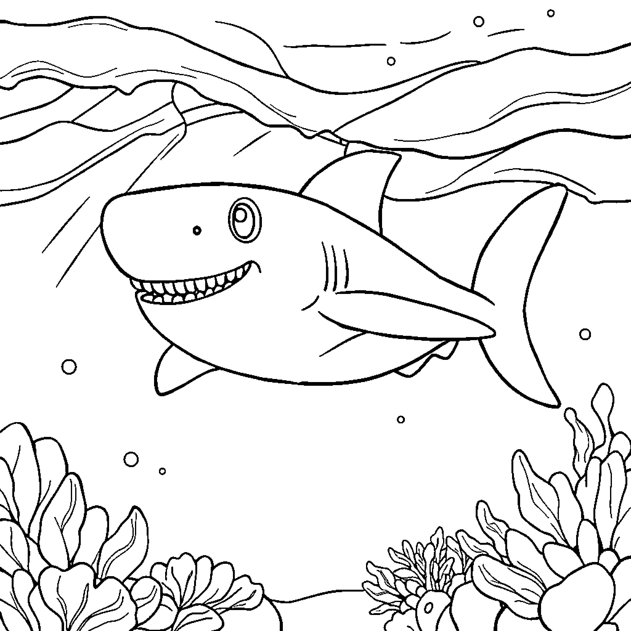 Shark swimming among ocean plants Coloring Page (free black-and-white line drawing printable PDF for all, from beginners to advanced learners, including children, teens, adults, and seniors)