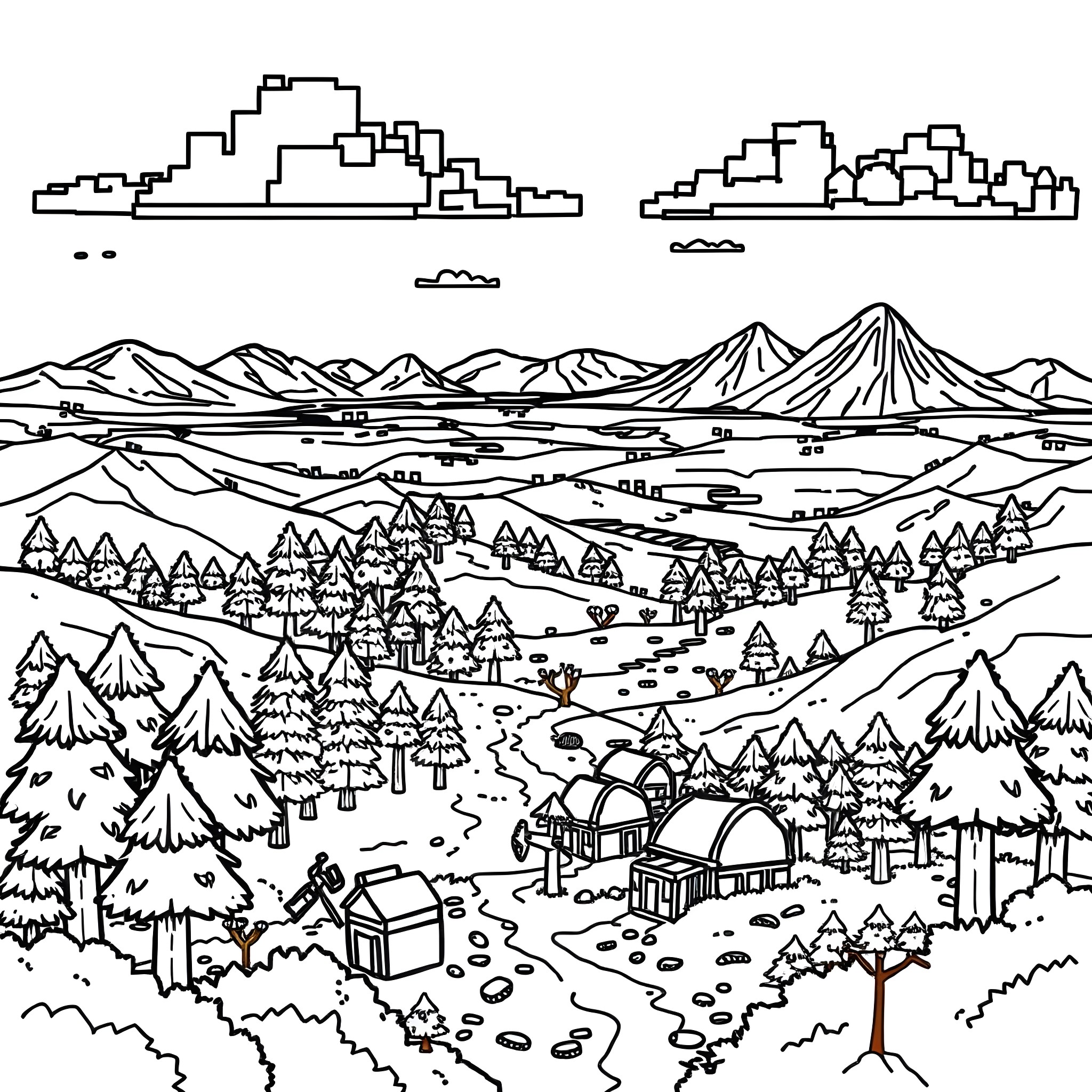 Minecraft landscape with mountains, forests, and buildings Coloring Page (free black-and-white line drawing printable PDF for all, from beginners to advanced learners, including children, teens, adults, and seniors)