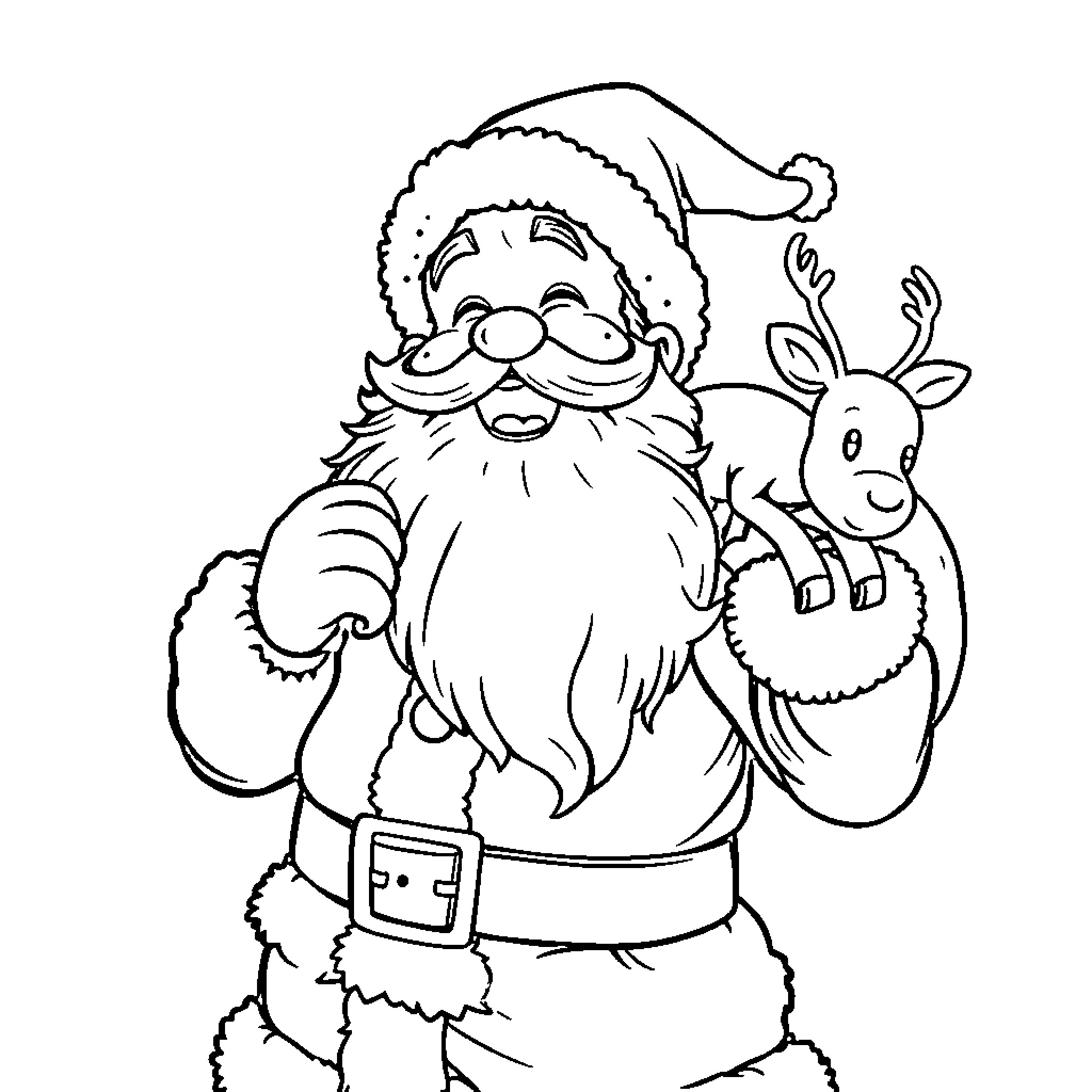 Santa Claus with a smiling reindeer Coloring Page (free black-and-white line drawing printable PDF for all, from beginners to advanced learners, including children, teens, adults, and seniors)