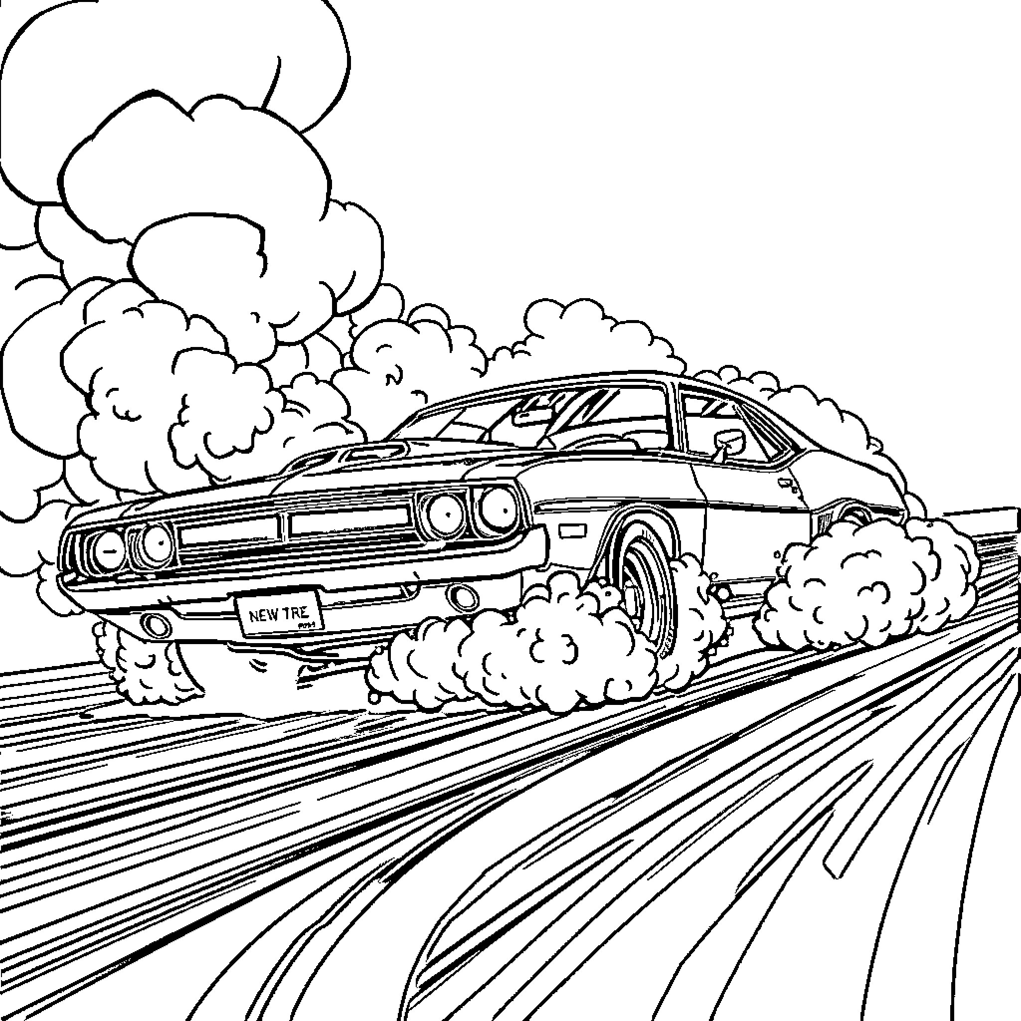 Muscle Car in High-Speed Chase on Winding Road Coloring Page (free black-and-white line drawing printable PDF for all, from beginners to advanced learners, including children, teens, adults, and seniors)