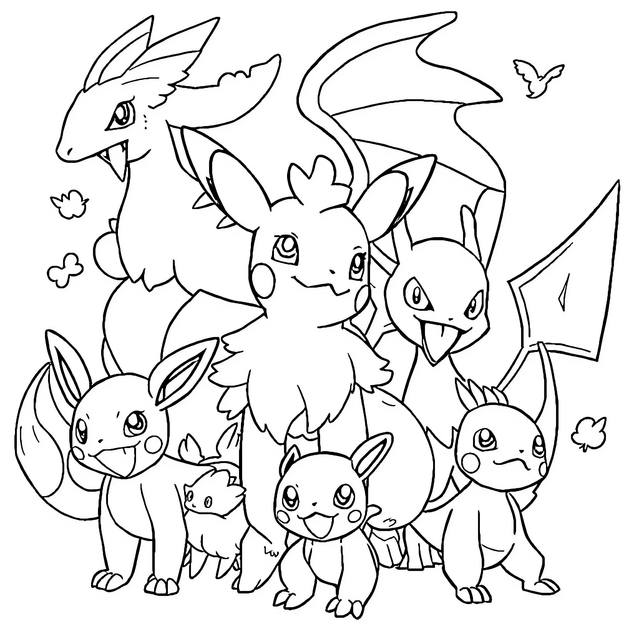 Pokémon characters in action and expression Coloring Page (free black-and-white line drawing printable PDF for all, from beginners to advanced learners, including children, teens, adults, and seniors)