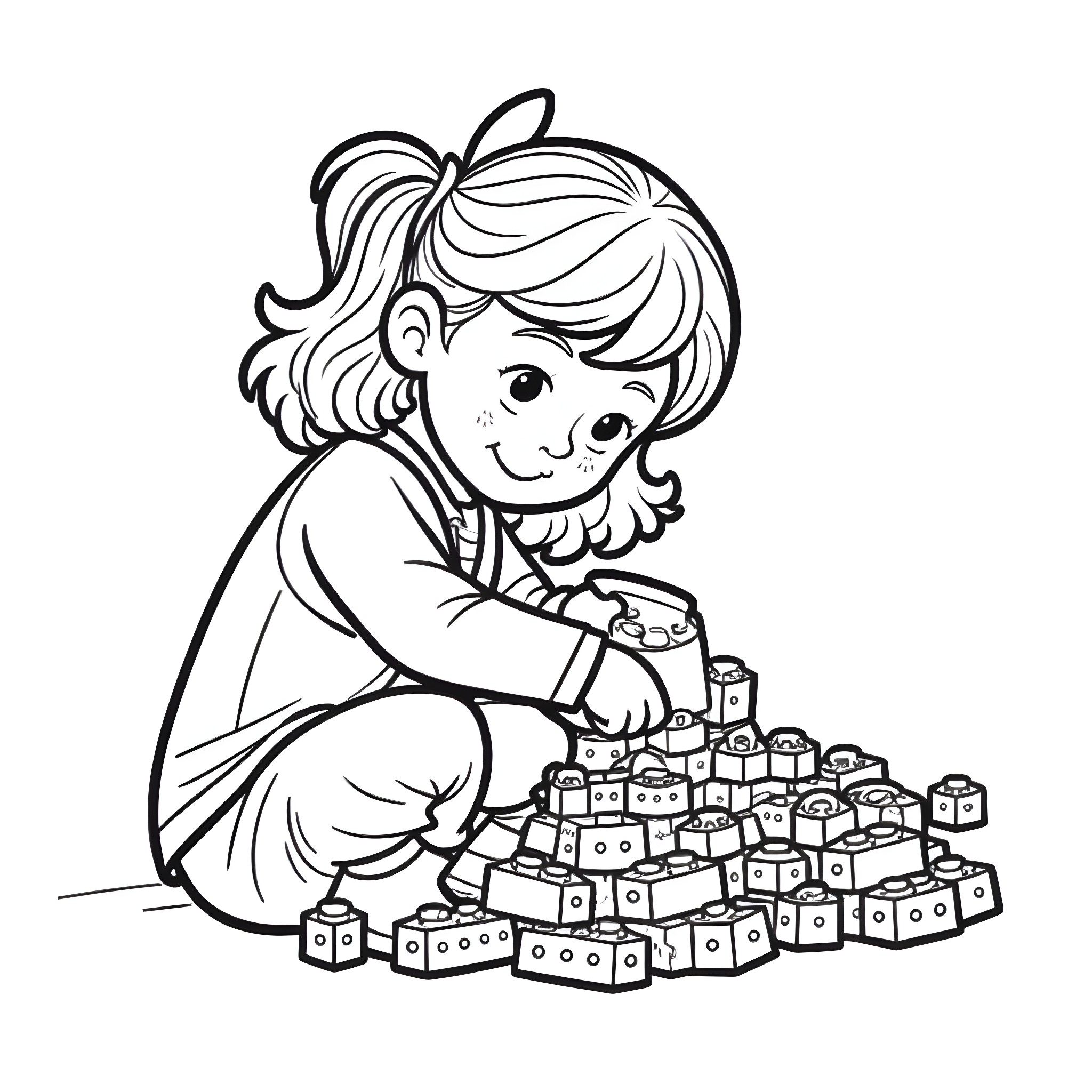 Girl playing joyfully with building blocks Coloring Page (free black-and-white line drawing printable PDF for all, from beginners to advanced learners, including children, teens, adults, and seniors)