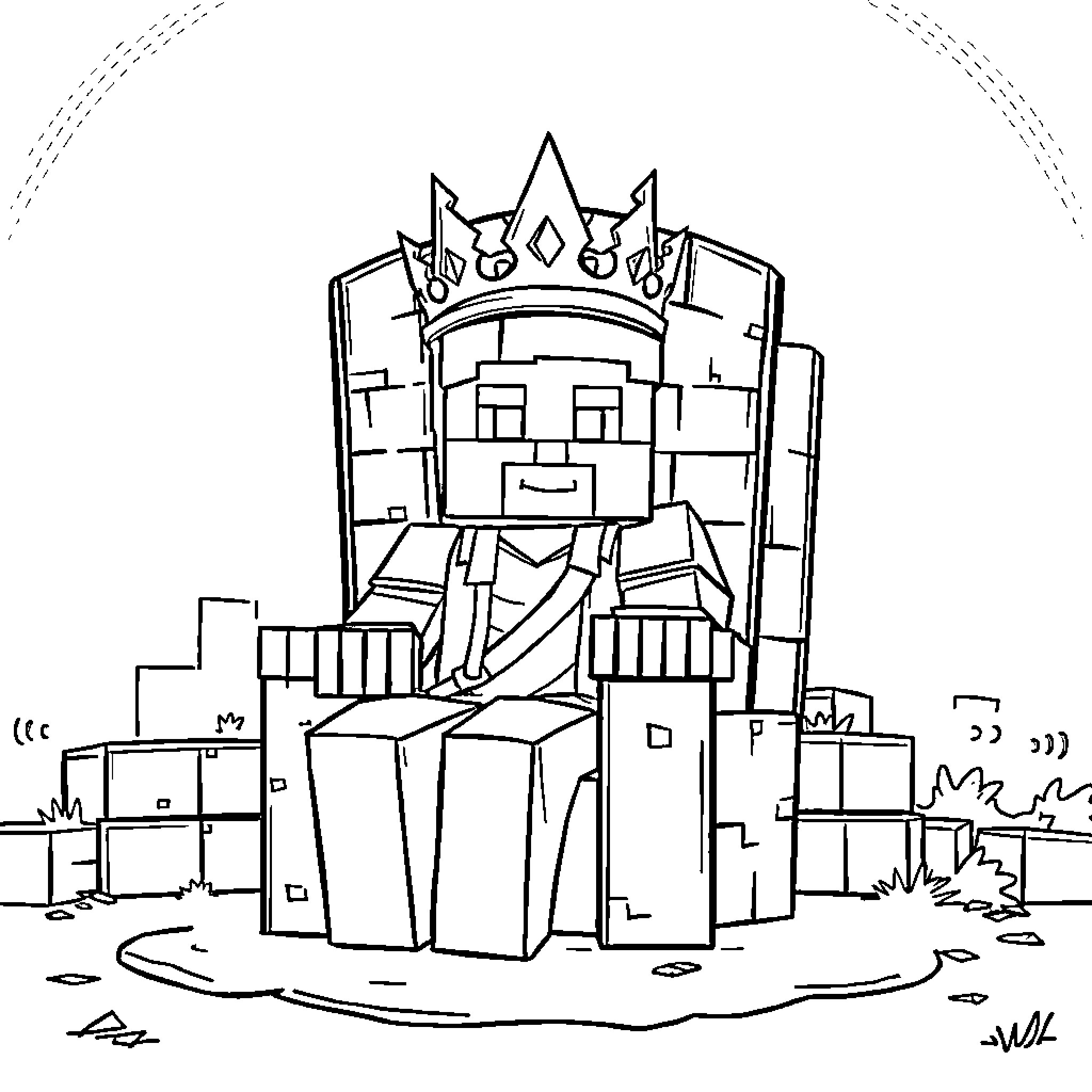 Minecraft character sitting on throne surrounded by structures Coloring Page (free black-and-white line drawing printable PDF for all, from beginners to advanced learners, including children, teens, adults, and seniors)