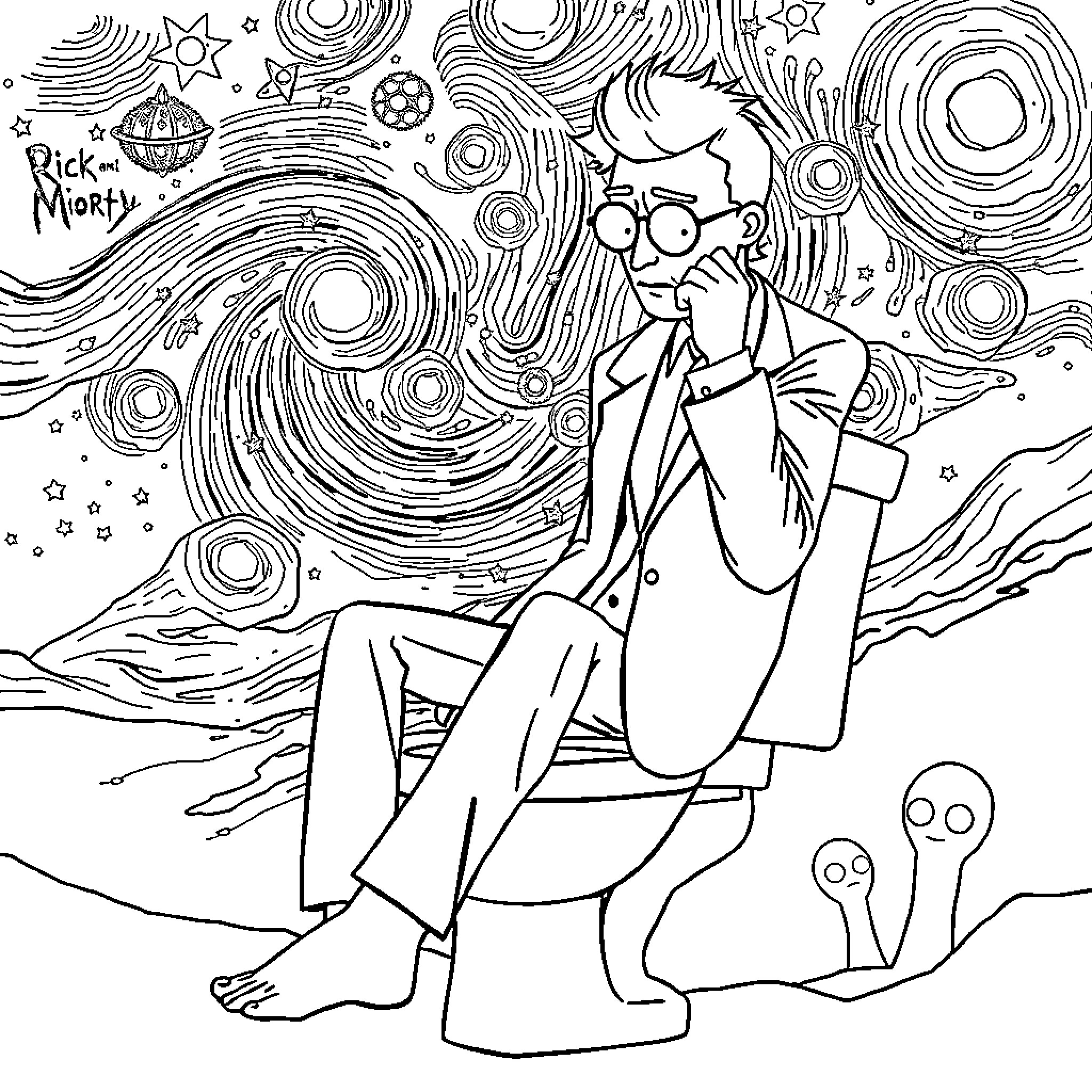 Man in surreal cosmic setting with abstract patterns Coloring Page (free black-and-white line drawing printable PDF for all, from beginners to advanced learners, including children, teens, adults, and seniors)