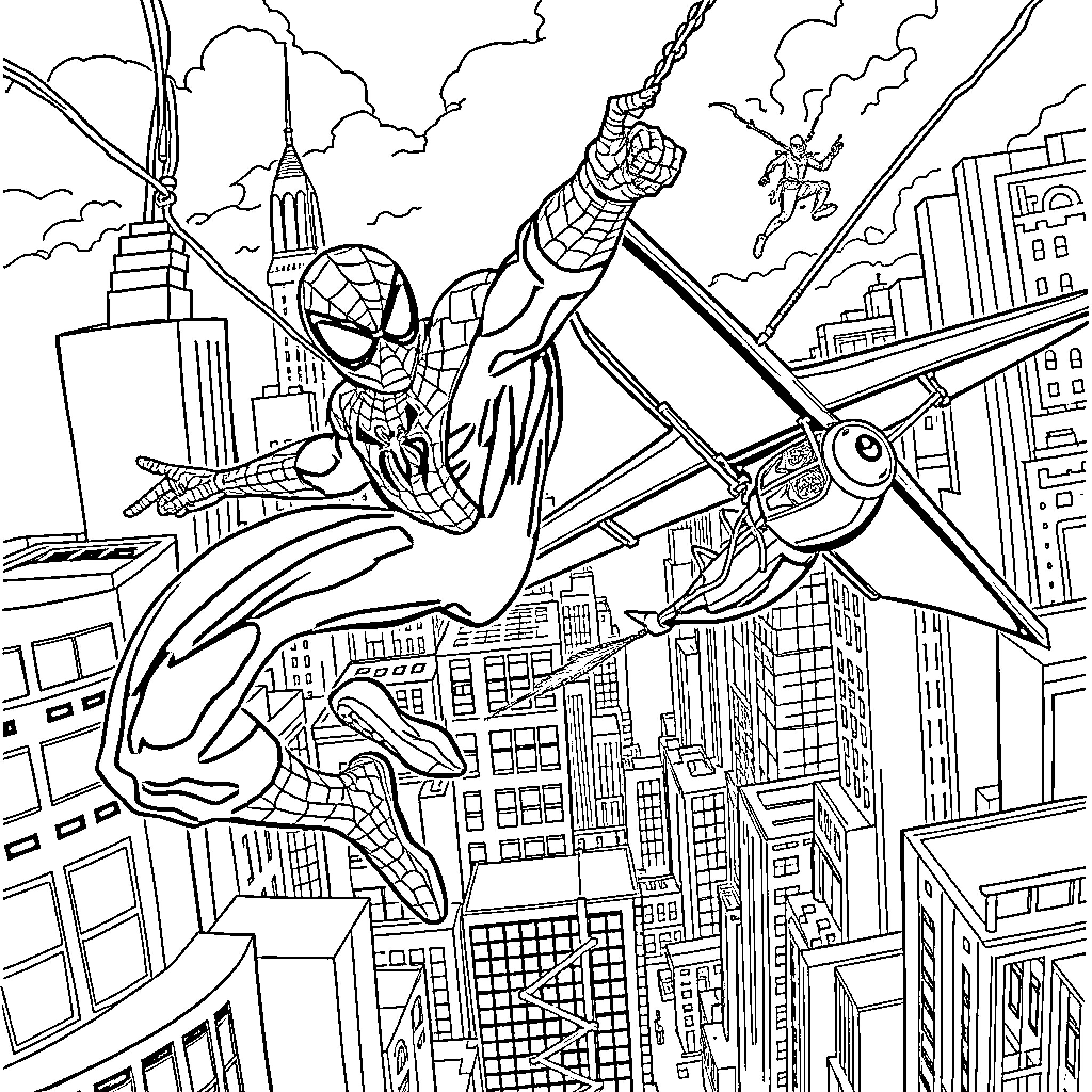 Spider-Man swinging through the city skyline Coloring Page (free black-and-white line drawing printable PDF for all, from beginners to advanced learners, including children, teens, adults, and seniors)