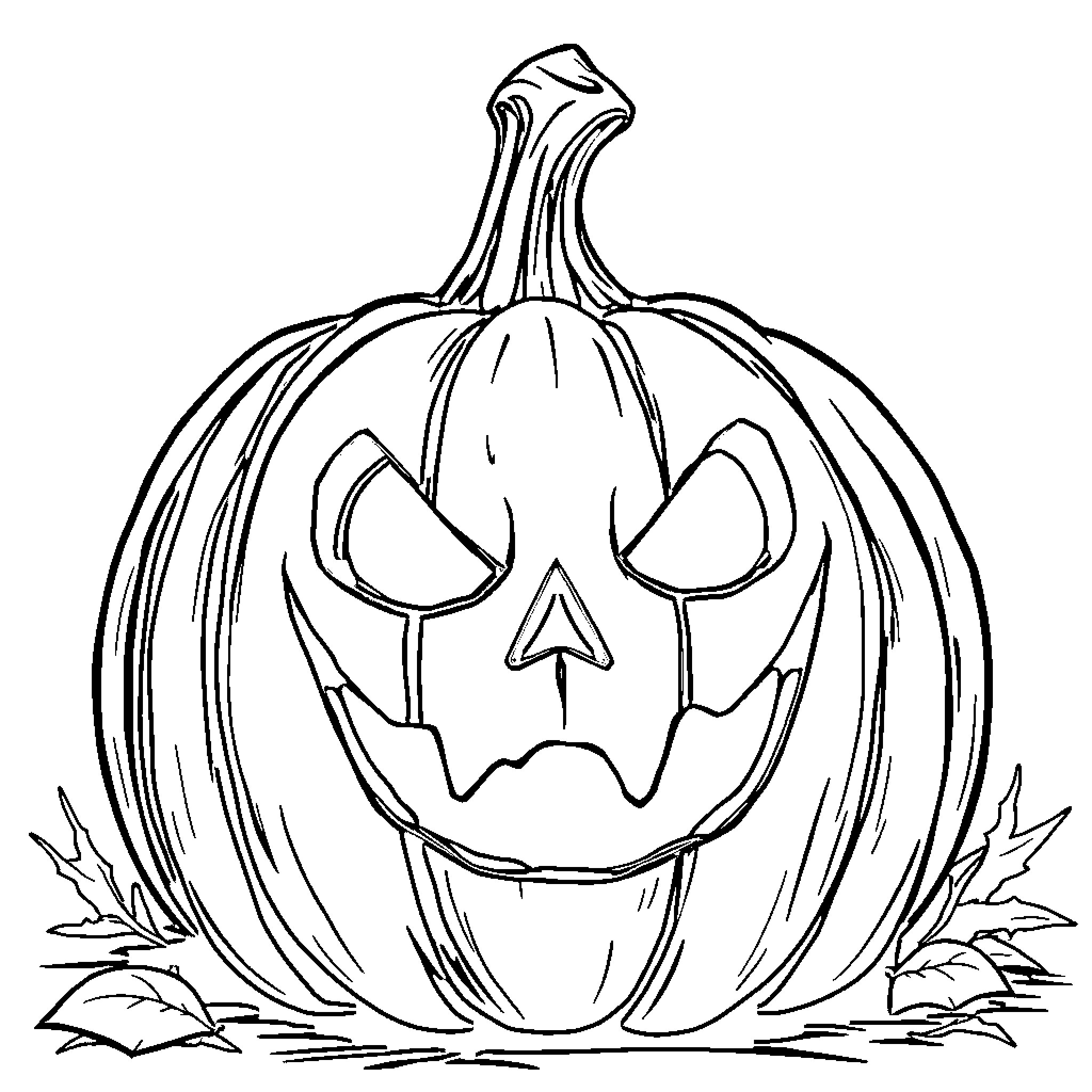 Pumpkin with carved scary face Coloring Page (free black-and-white line drawing printable PDF for all, from beginners to advanced learners, including children, teens, adults, and seniors)