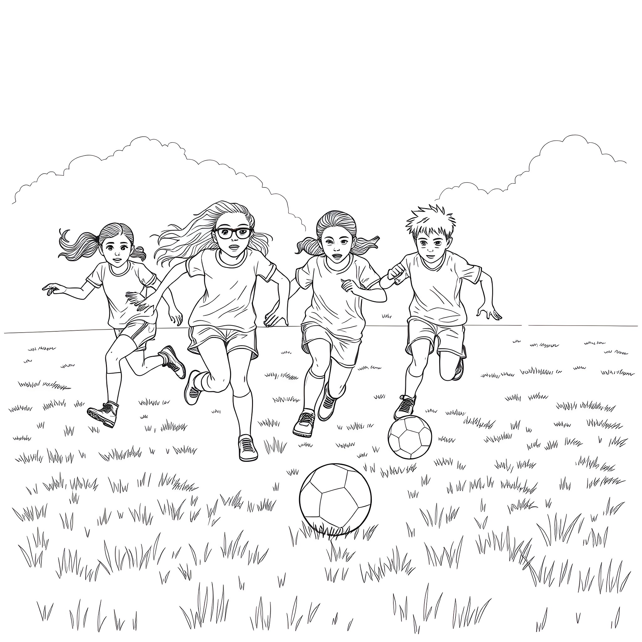 Soccer players running and playing on field Coloring Page (free black-and-white line drawing printable PDF for all, from beginners to advanced learners, including children, teens, adults, and seniors)