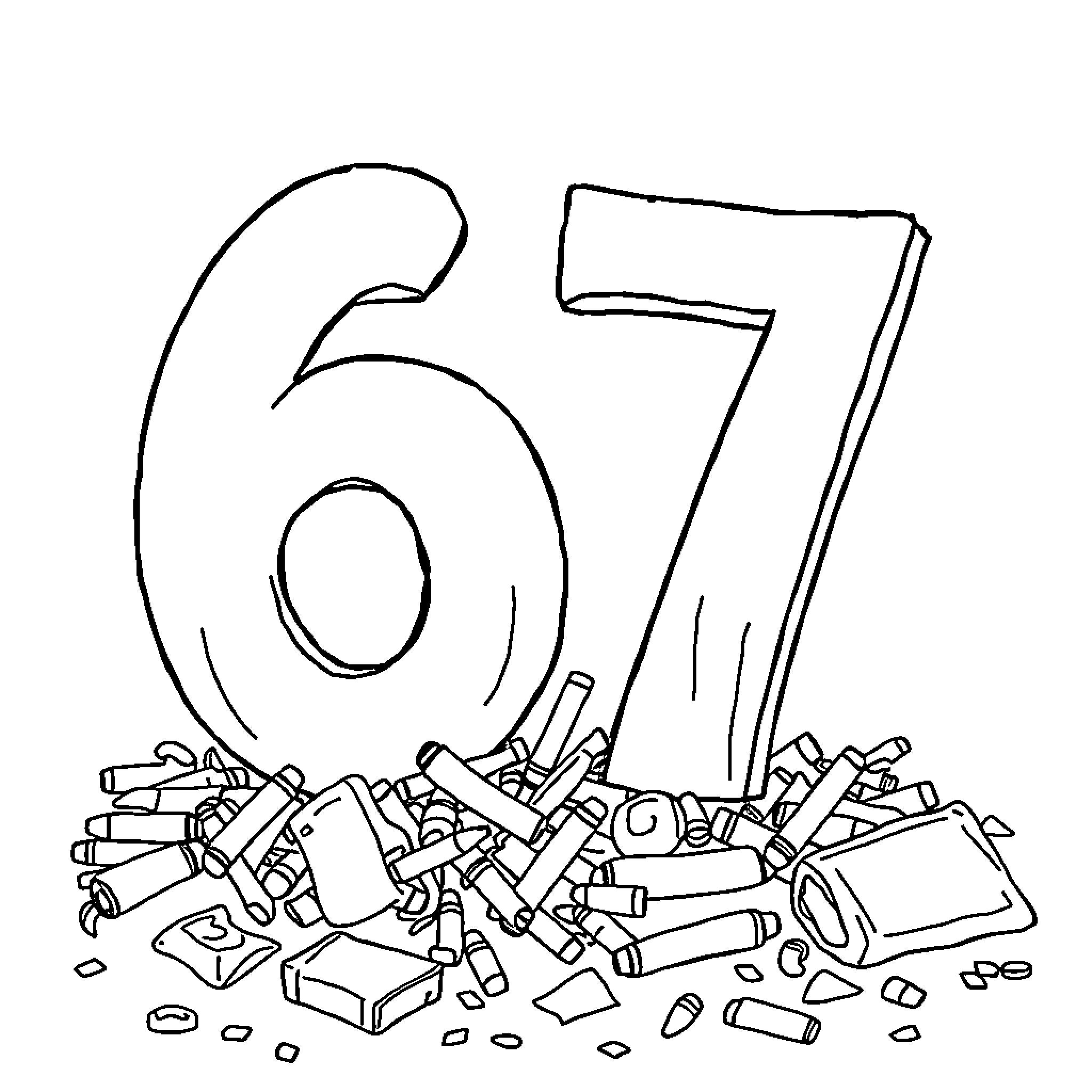 Number 67 Created from Scattered Junk Objects Coloring Page (free black-and-white line drawing printable PDF for all, from beginners to advanced learners, including children, teens, adults, and seniors)