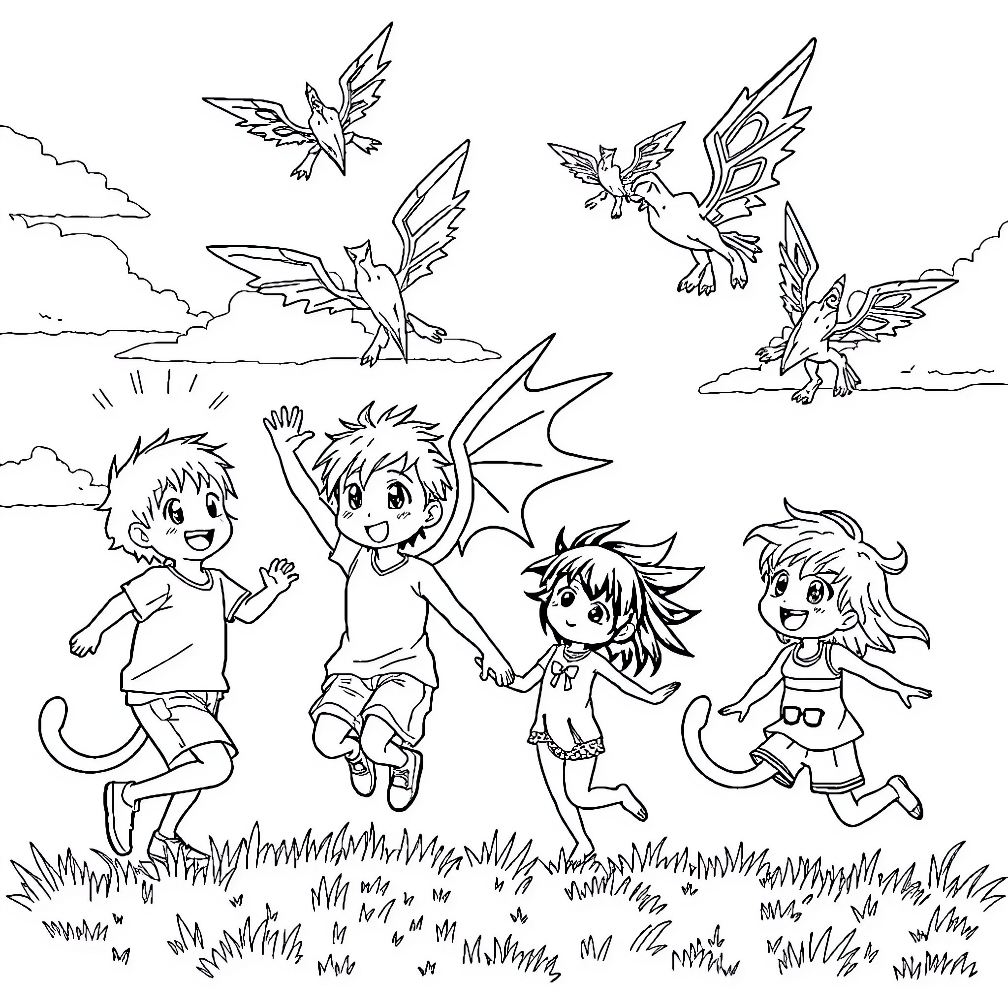 Digimon characters playing and exploring in a natural setting Coloring Page (free black-and-white line drawing printable PDF for all, from beginners to advanced learners, including children, teens, adults, and seniors)